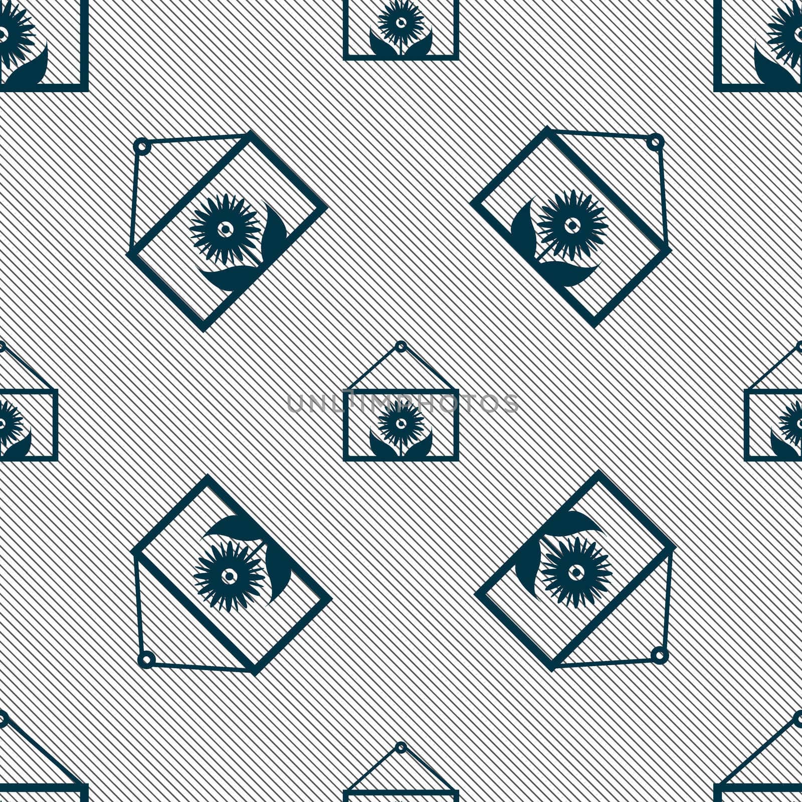 Frame with flower icon sign. Seamless pattern with geometric texture. illustration