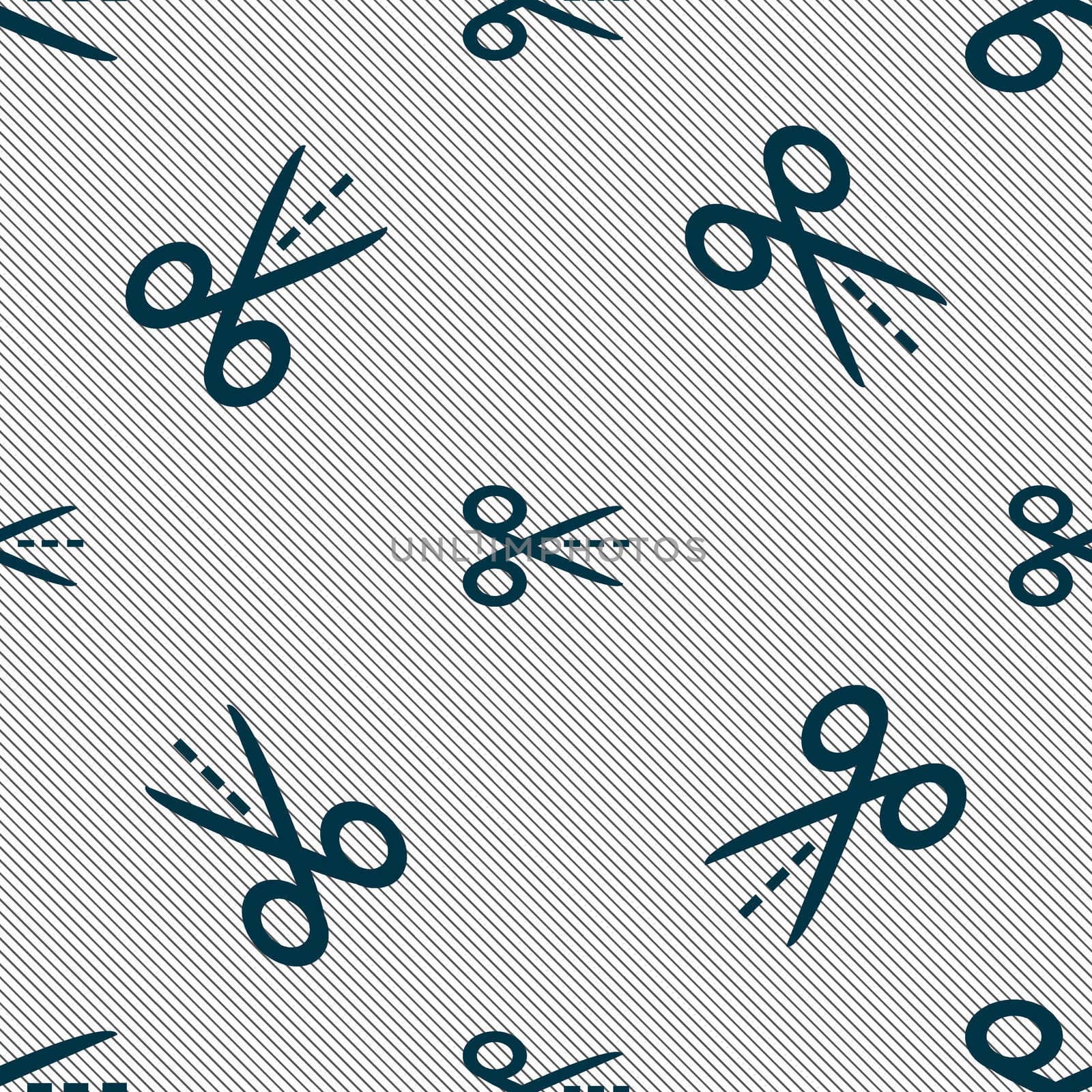 Scissors with cut dash dotted line sign icon. Tailor symbol. Seamless pattern with geometric texture. illustration