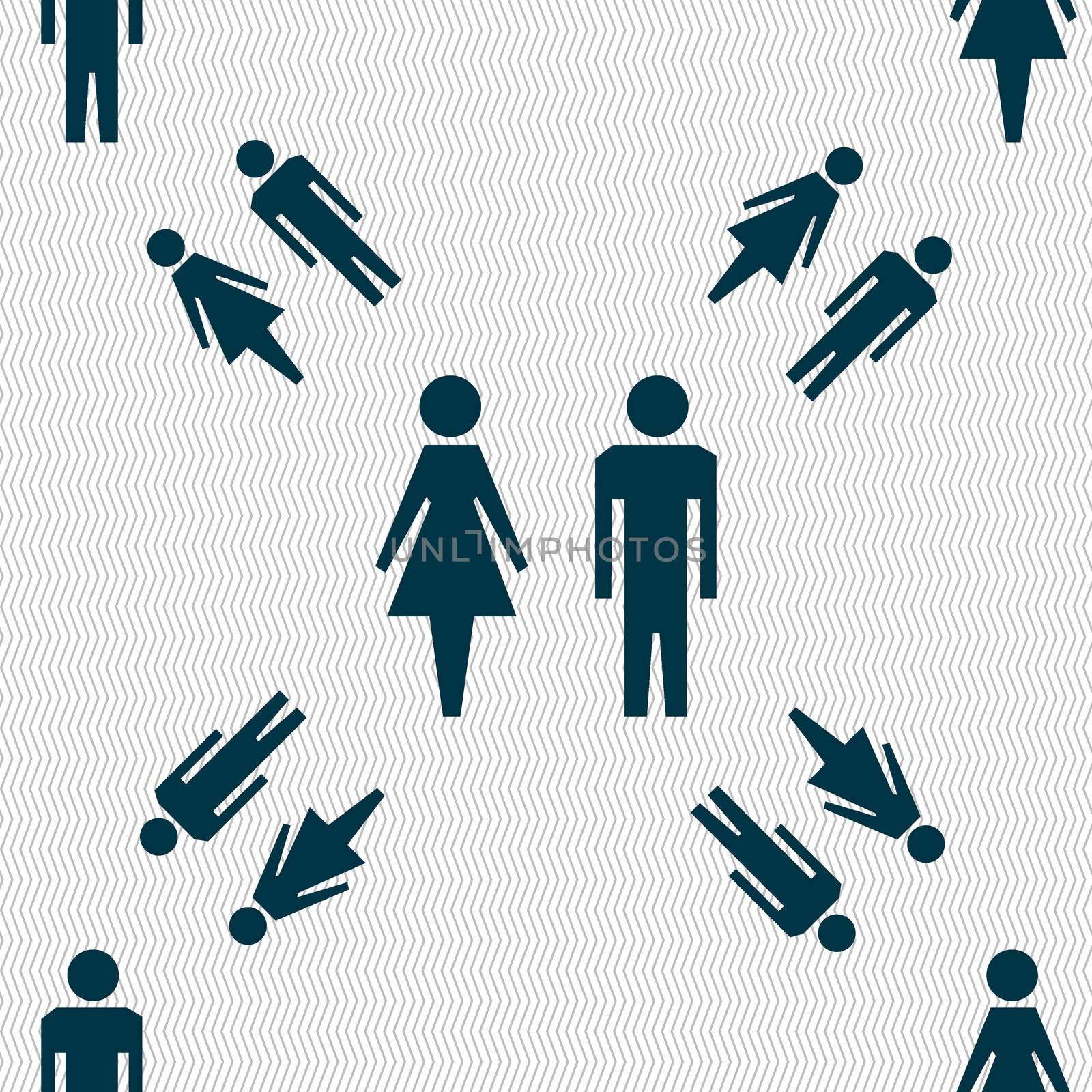 WC sign icon. Toilet symbol. Male and Female toilet. Seamless pattern with geometric texture. illustration