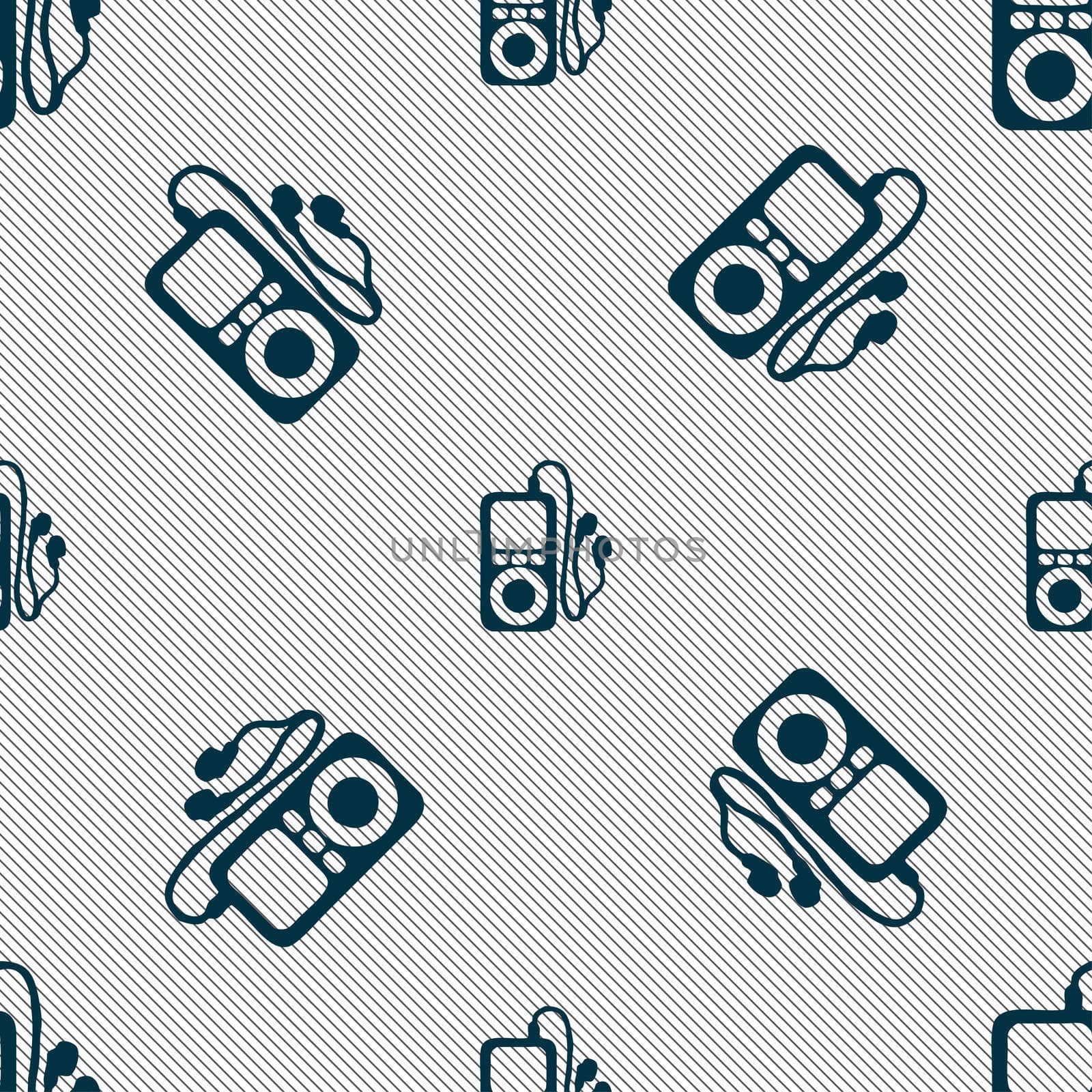 MP3 player, headphones, music icon sign. Seamless pattern with geometric texture. illustration