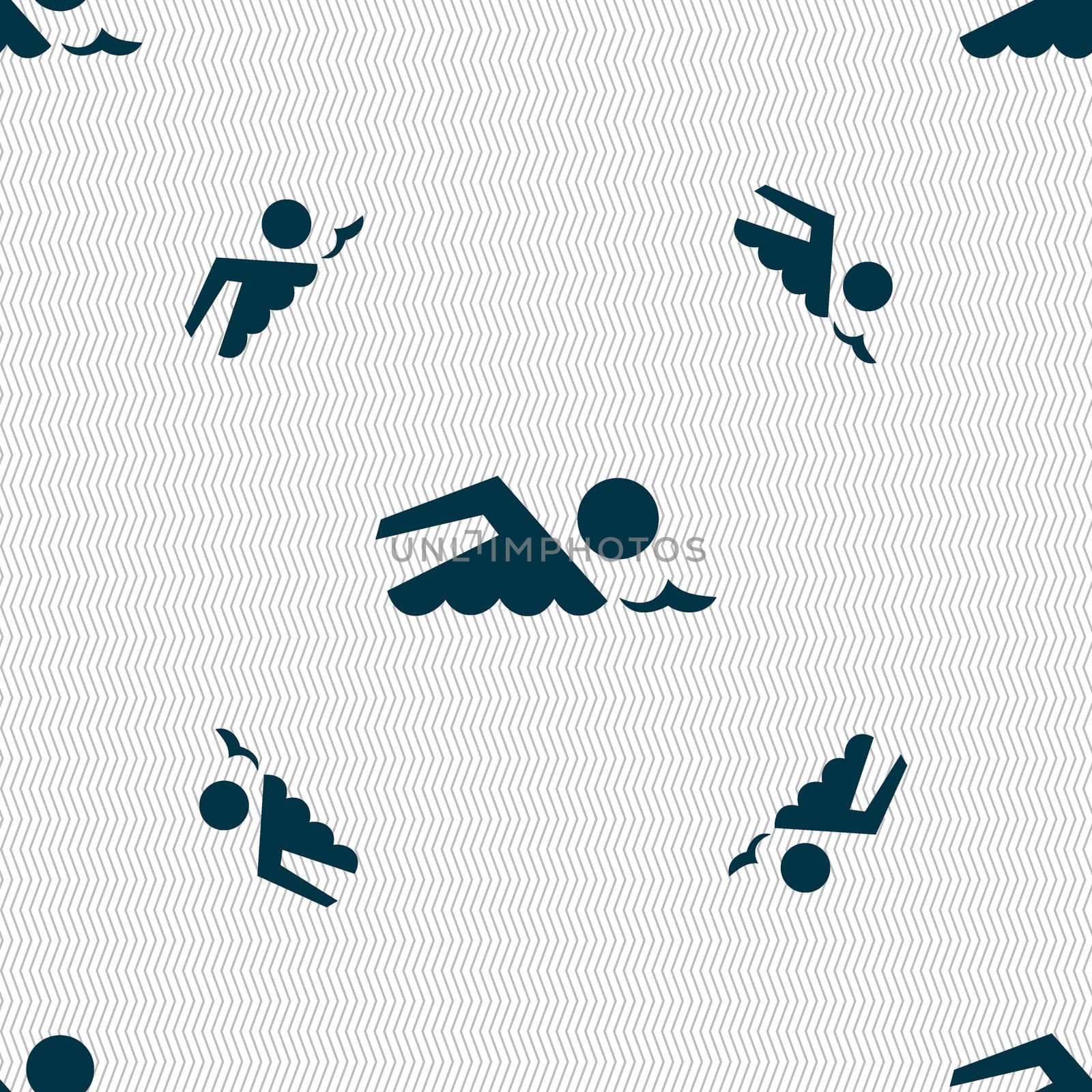 Swimming sign icon. Pool swim symbol. Sea wave. Seamless pattern with geometric texture.  by serhii_lohvyniuk