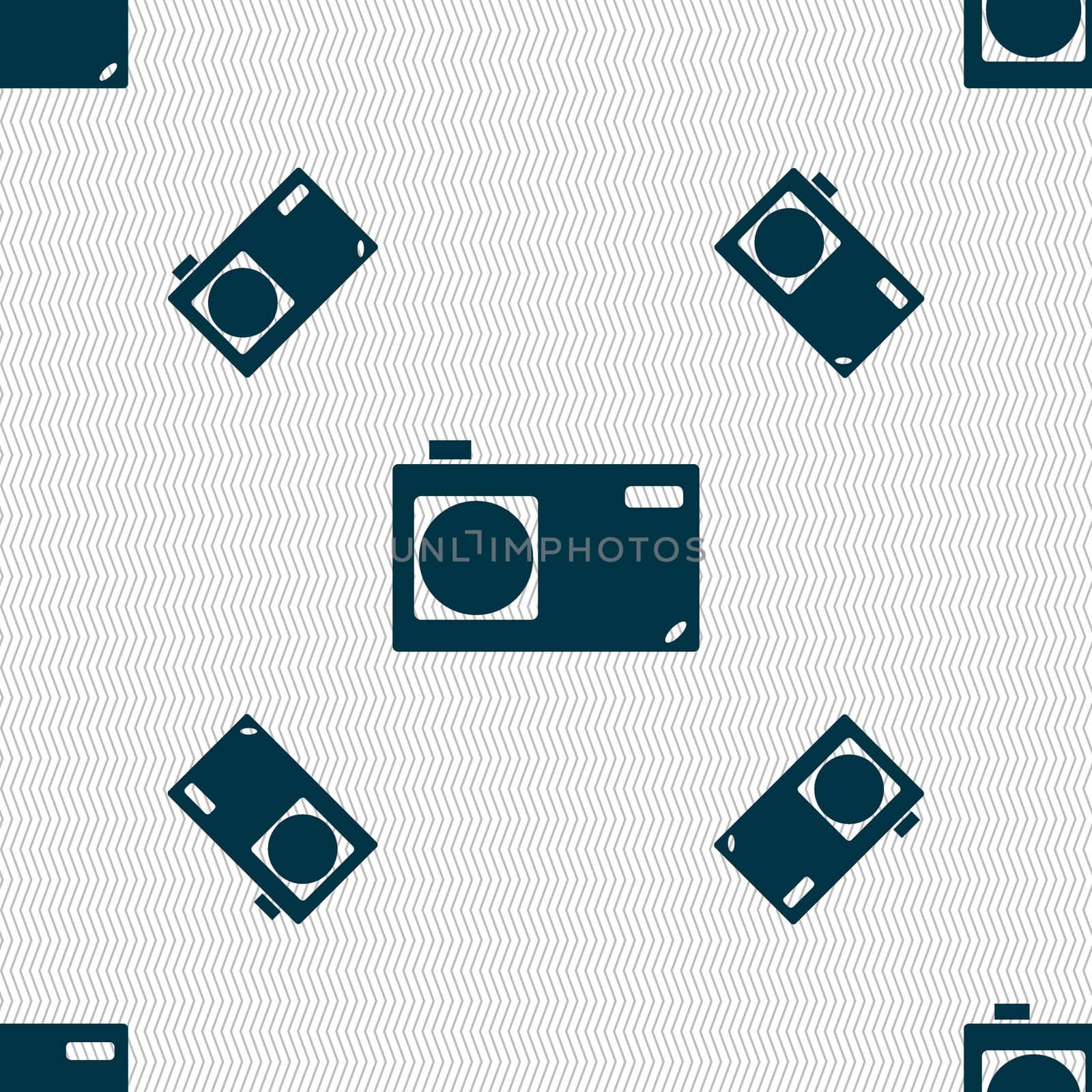 Photo camera sign icon. Digital symbol. Seamless pattern with geometric texture. illustration