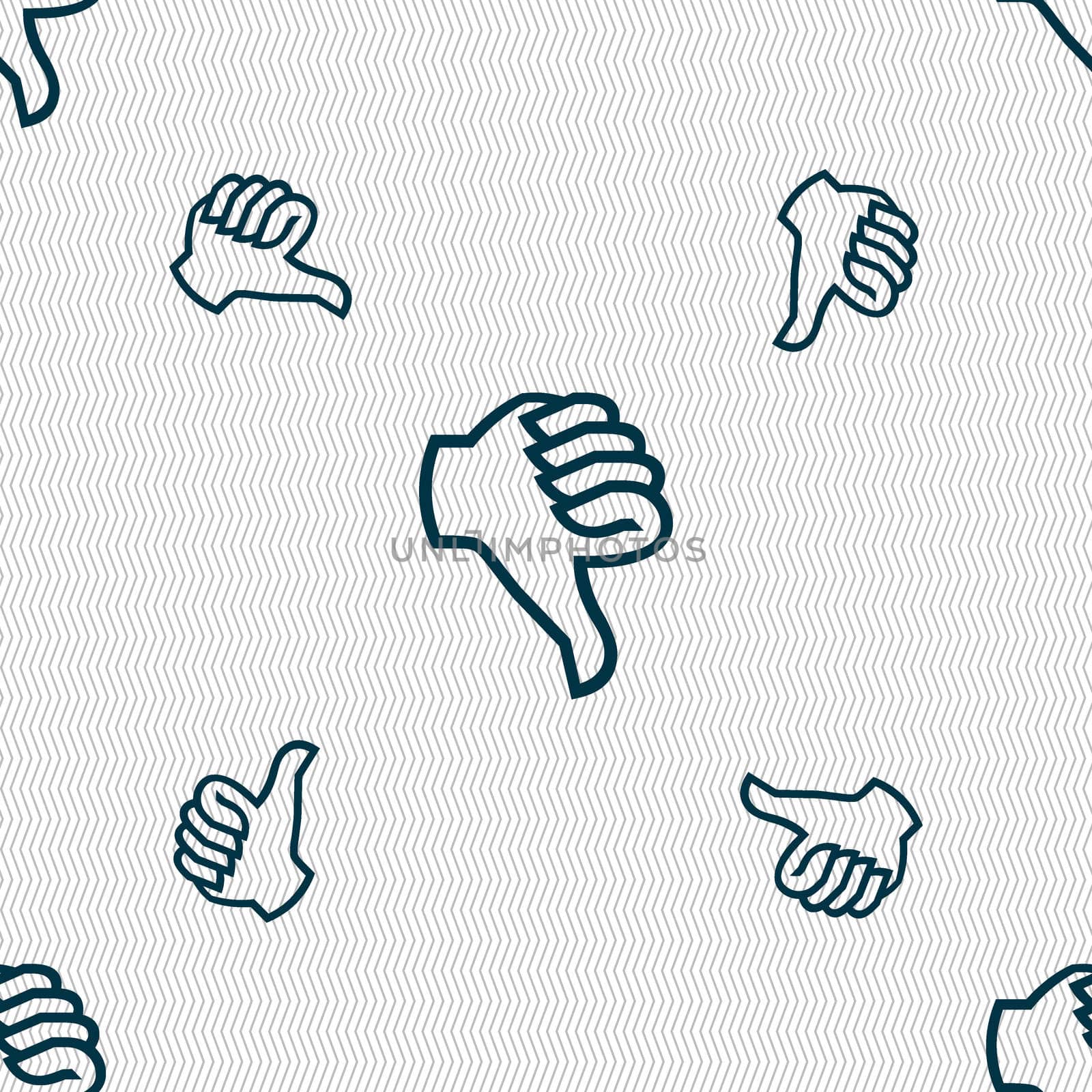 Dislike sign icon. Thumb down sign. Hand finger down symbol. Seamless pattern with geometric texture. illustration