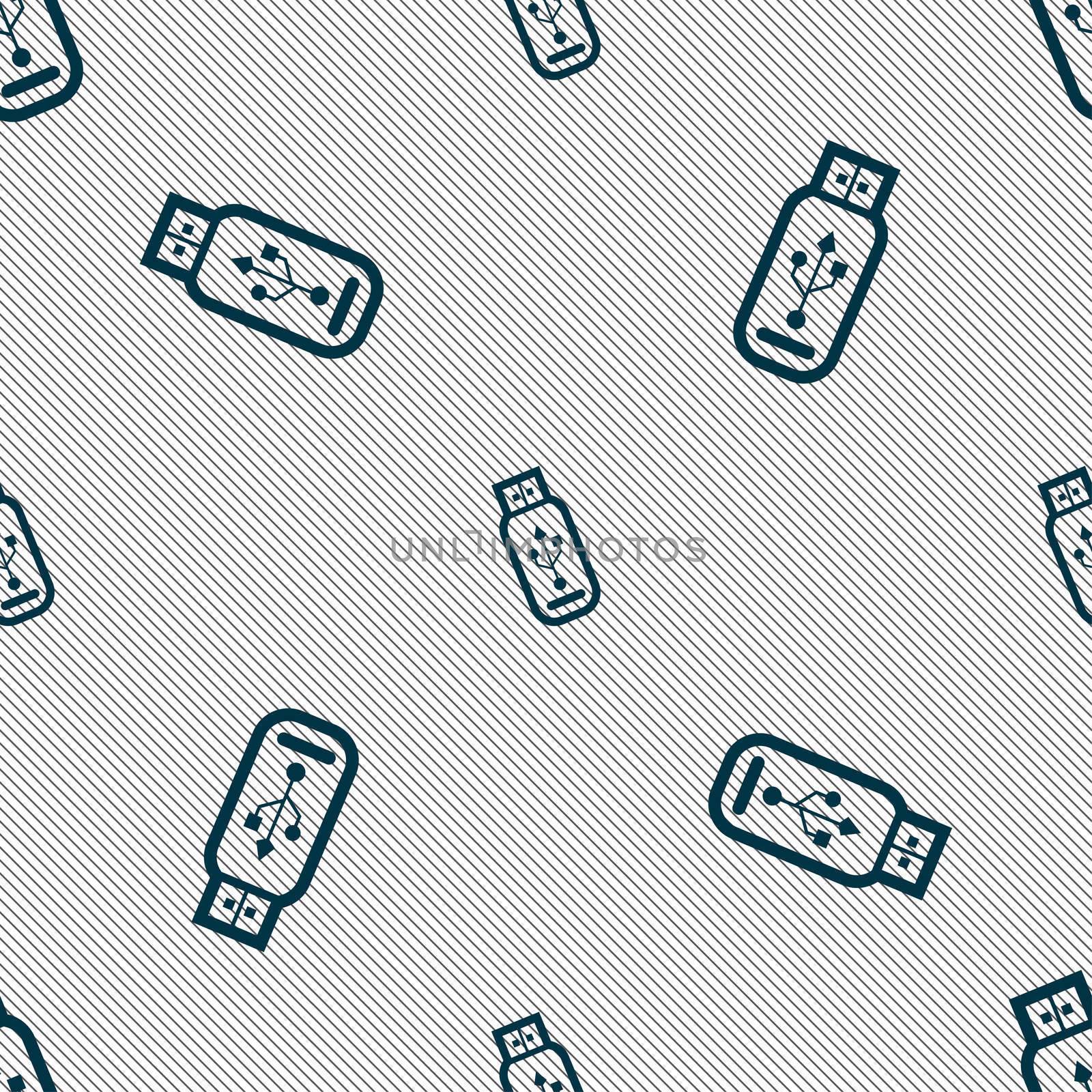 Usb flash drive icon sign. Seamless pattern with geometric texture. illustration