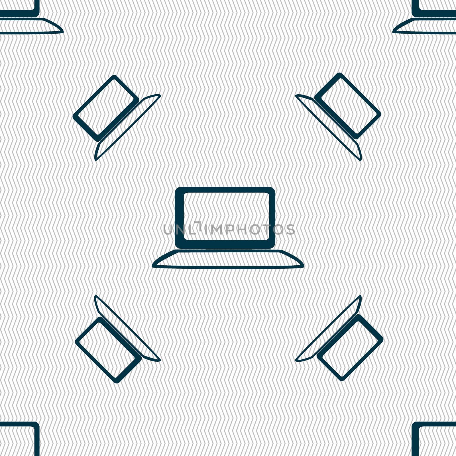 Laptop sign icon. Notebook pc with graph symbol. Monitoring. Seamless pattern with geometric texture. illustration