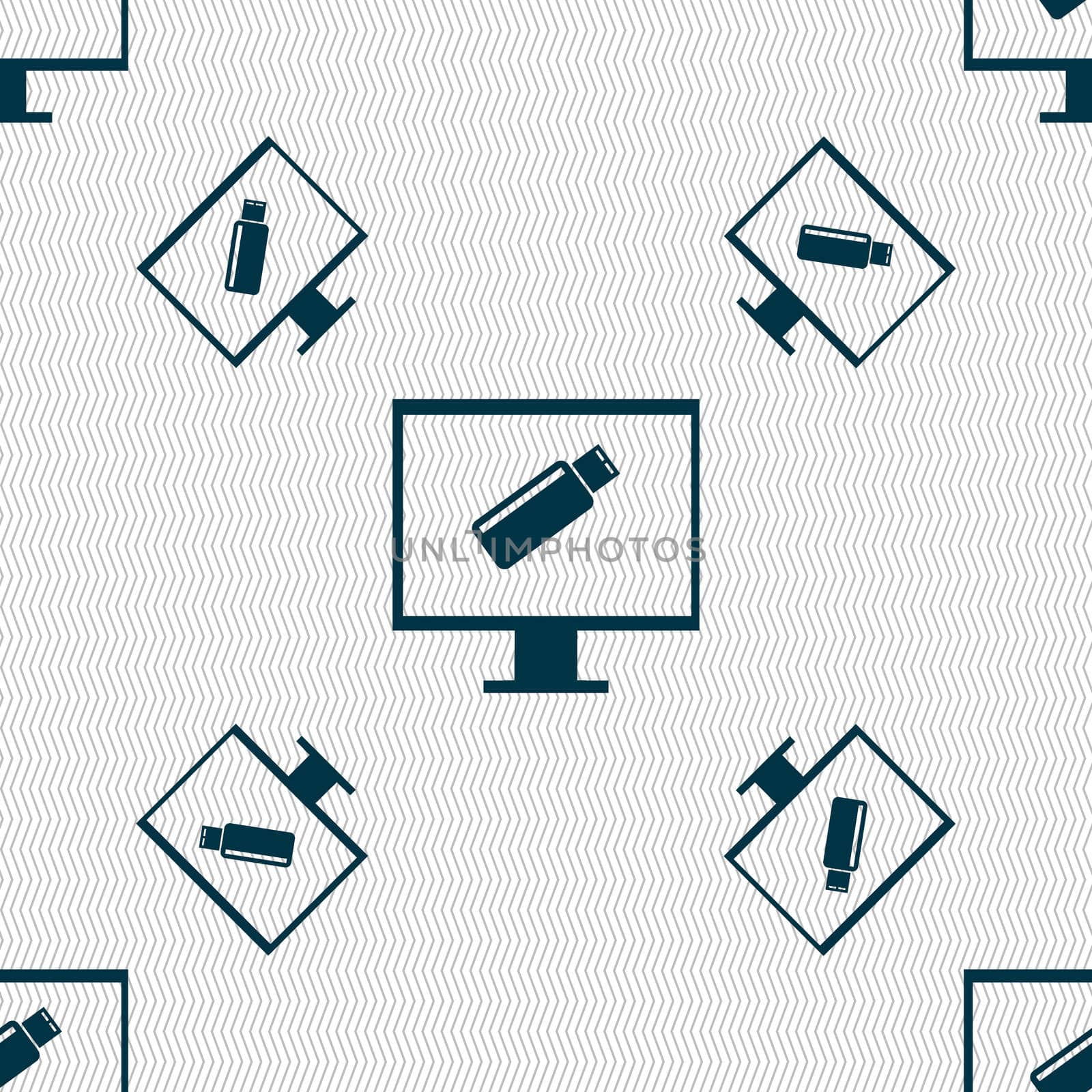 usb flash drive and monitor sign icon. Video game symbol. Seamless pattern with geometric texture. illustration