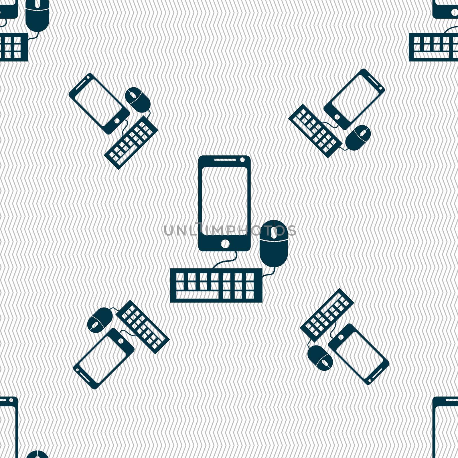 smartphone widescreen monitor, keyboard, mouse sign icon. Seamless pattern with geometric texture. illustration