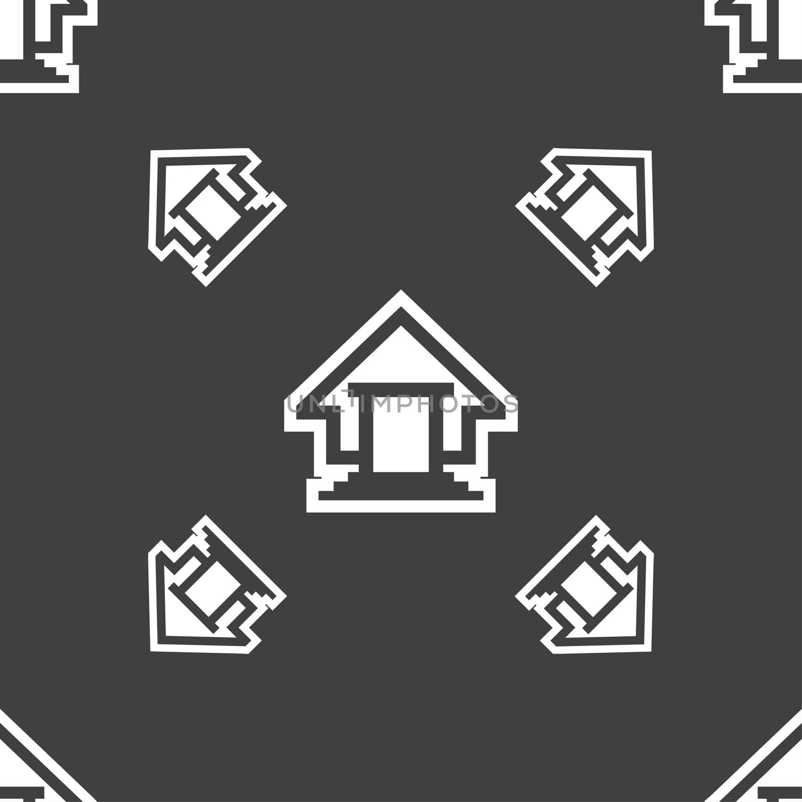 House icon sign. Seamless pattern on a gray background. illustration