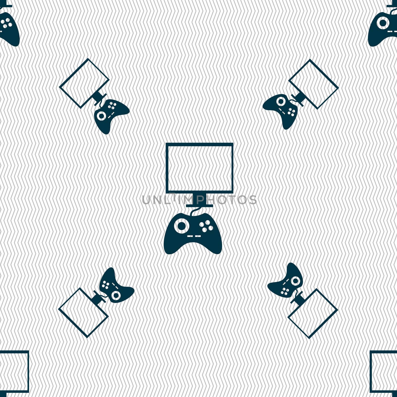 Joystick and monitor sign icon. Video game symbol. Seamless pattern with geometric texture.  by serhii_lohvyniuk