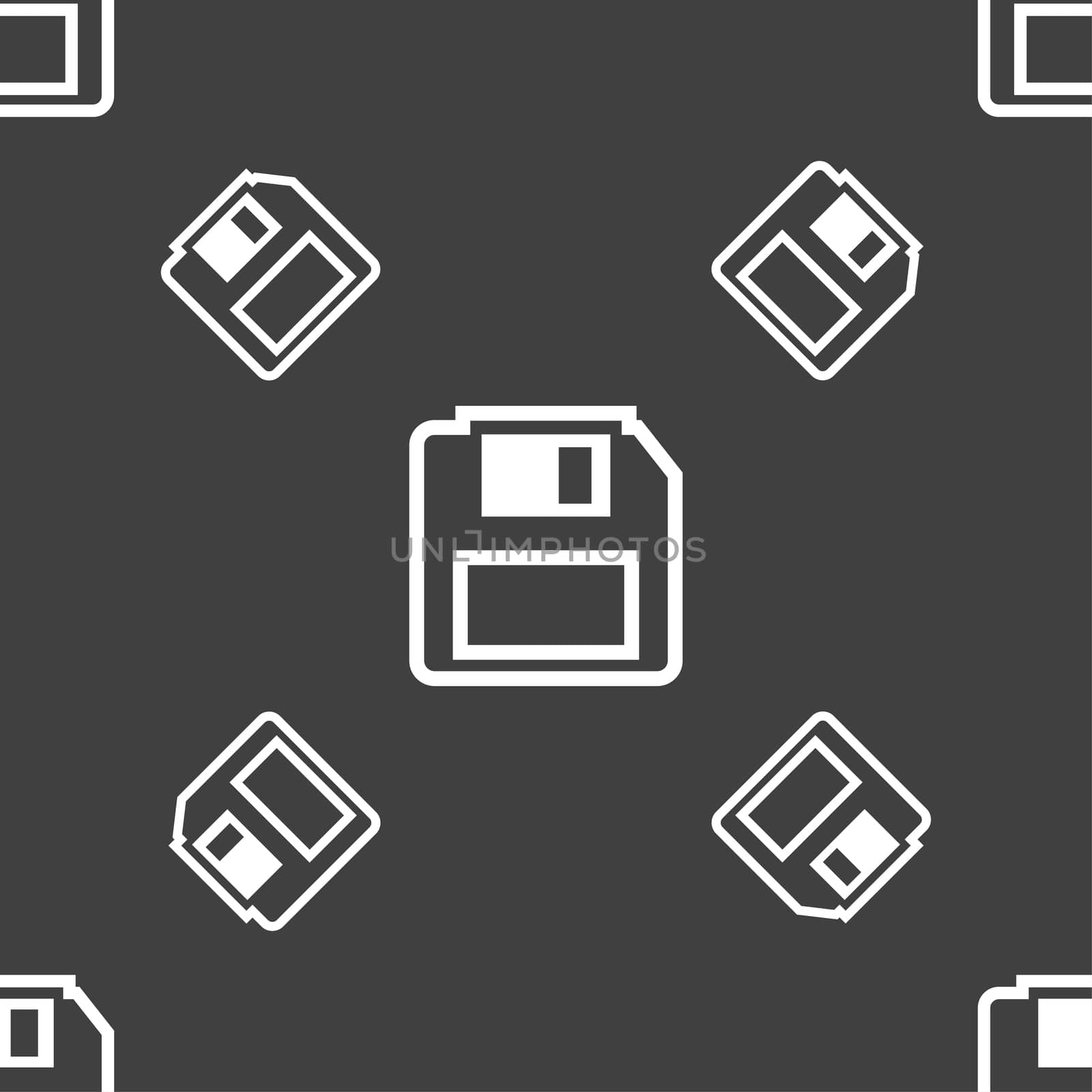 floppy disk icon sign. Seamless pattern on a gray background. illustration