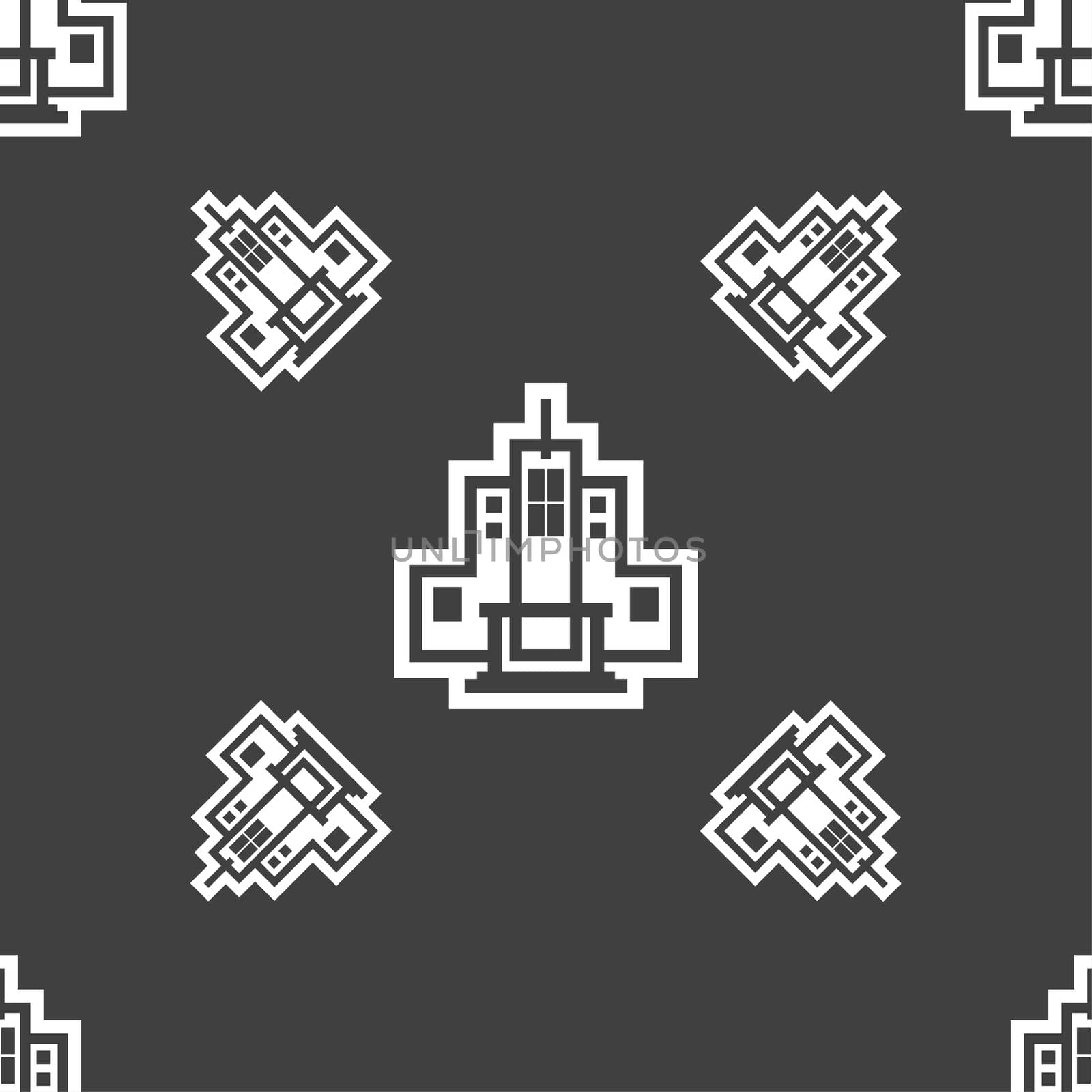 skyscraper icon sign. Seamless pattern on a gray background. illustration