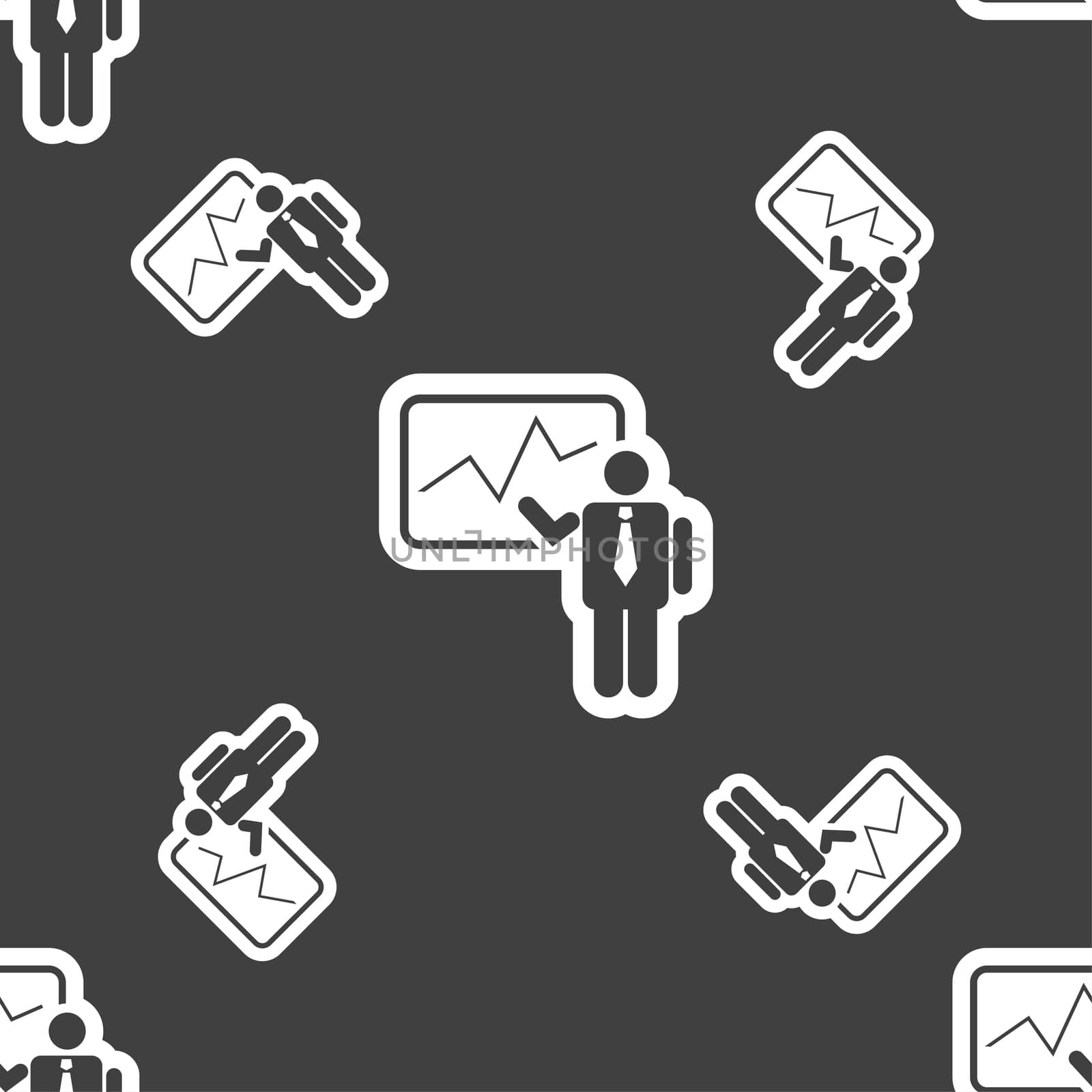businessman making report icon sign. Seamless pattern on a gray background. illustration