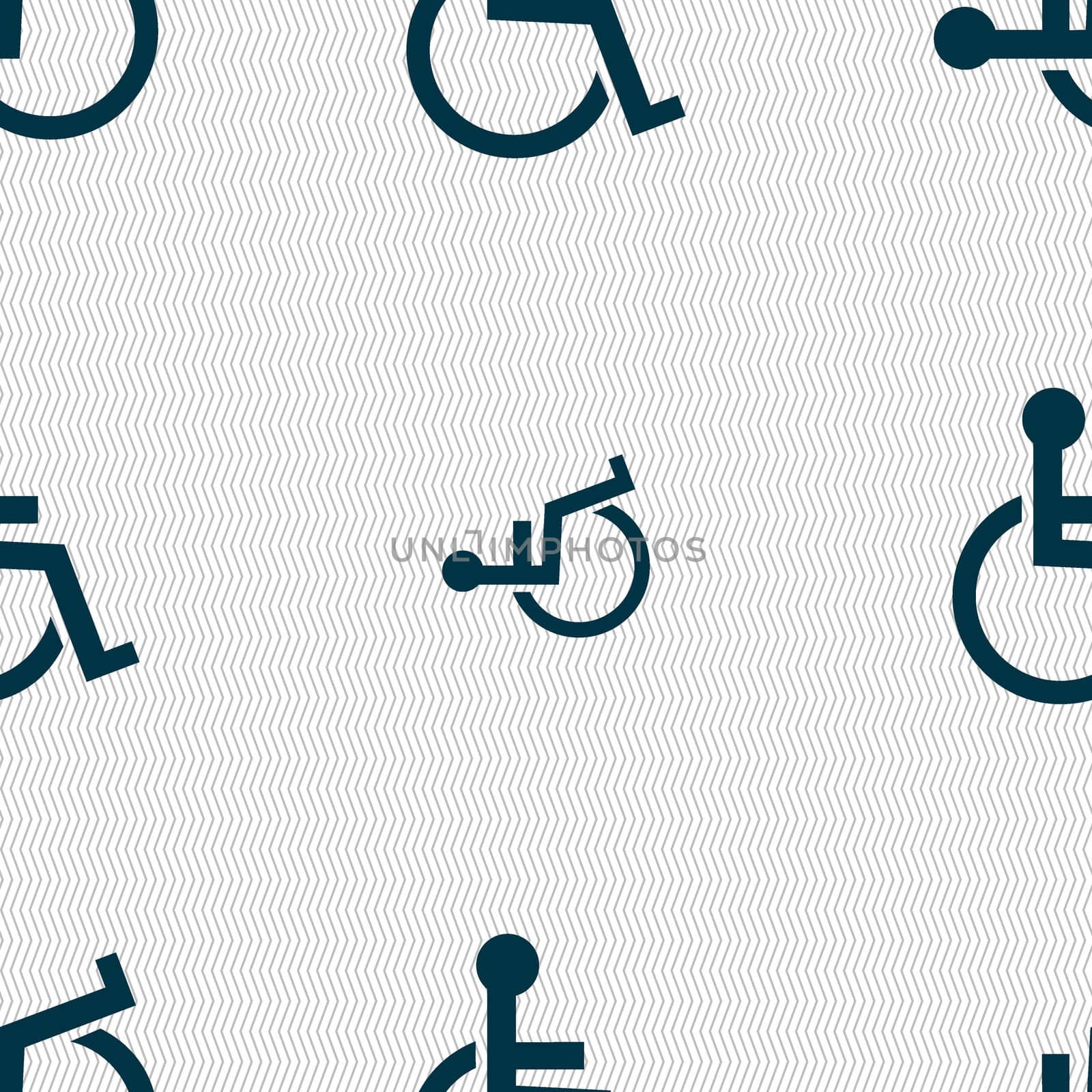 Disabled sign icon. Human on wheelchair symbol. Handicapped invalid sign. Seamless abstract background with geometric shapes.  by serhii_lohvyniuk