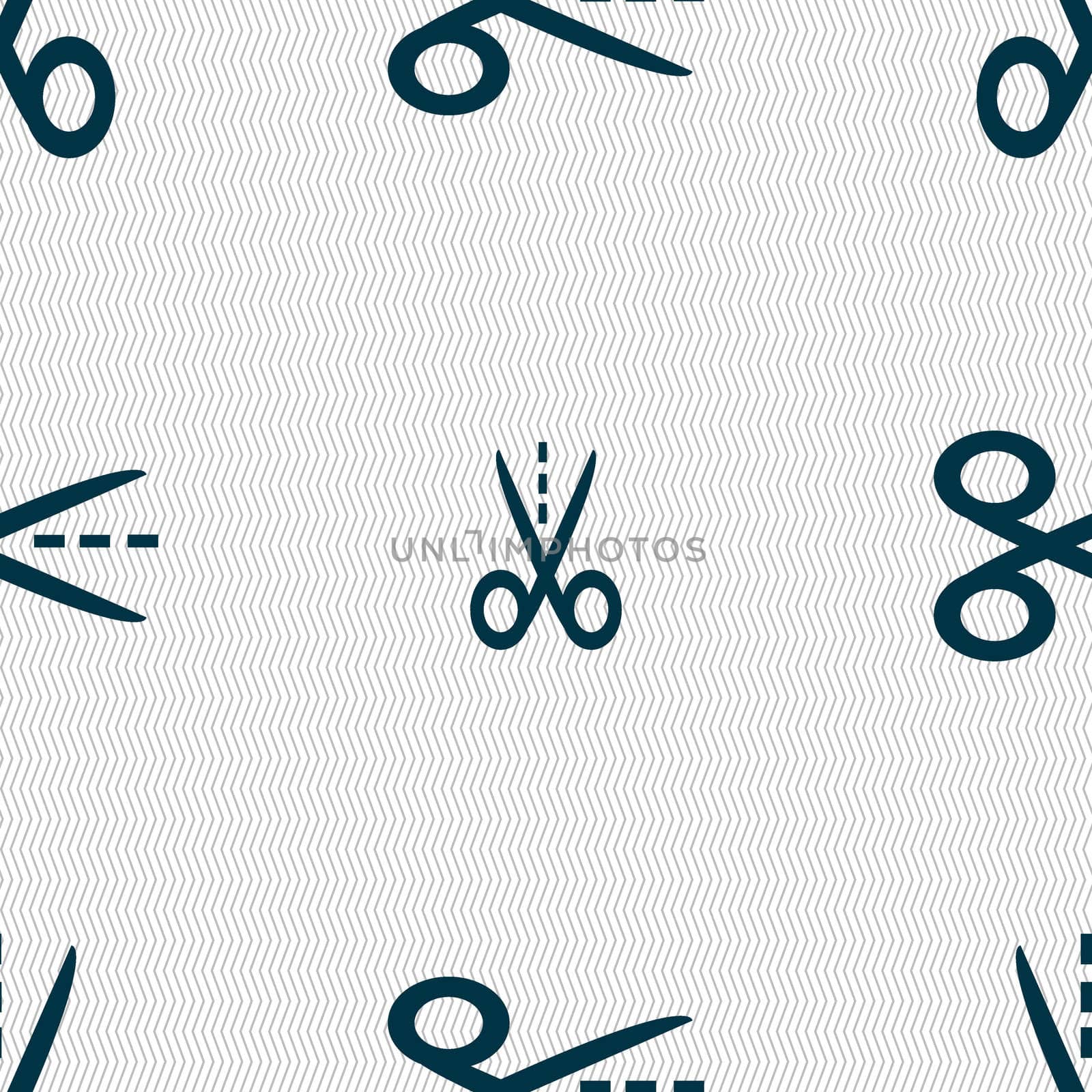 Scissors with cut dash dotted line sign icon. Tailor symbol. Seamless abstract background with geometric shapes.  by serhii_lohvyniuk