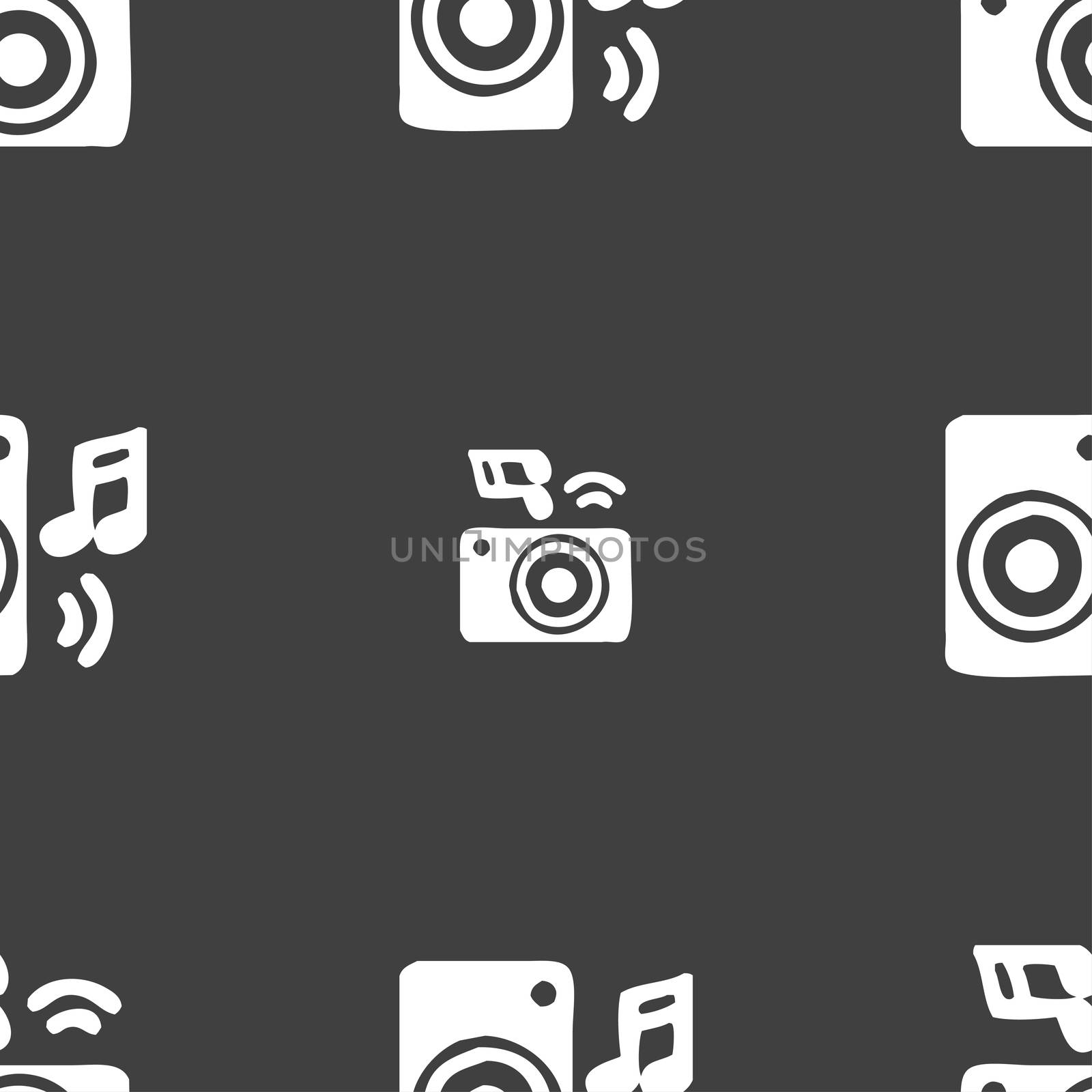music column, disco, music, melody, speaker icon sign. Seamless pattern on a gray background.  by serhii_lohvyniuk