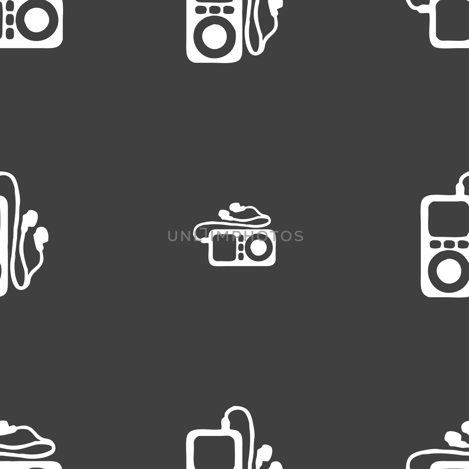 MP3 player, headphones, music icon sign. Seamless pattern on a gray background. illustration