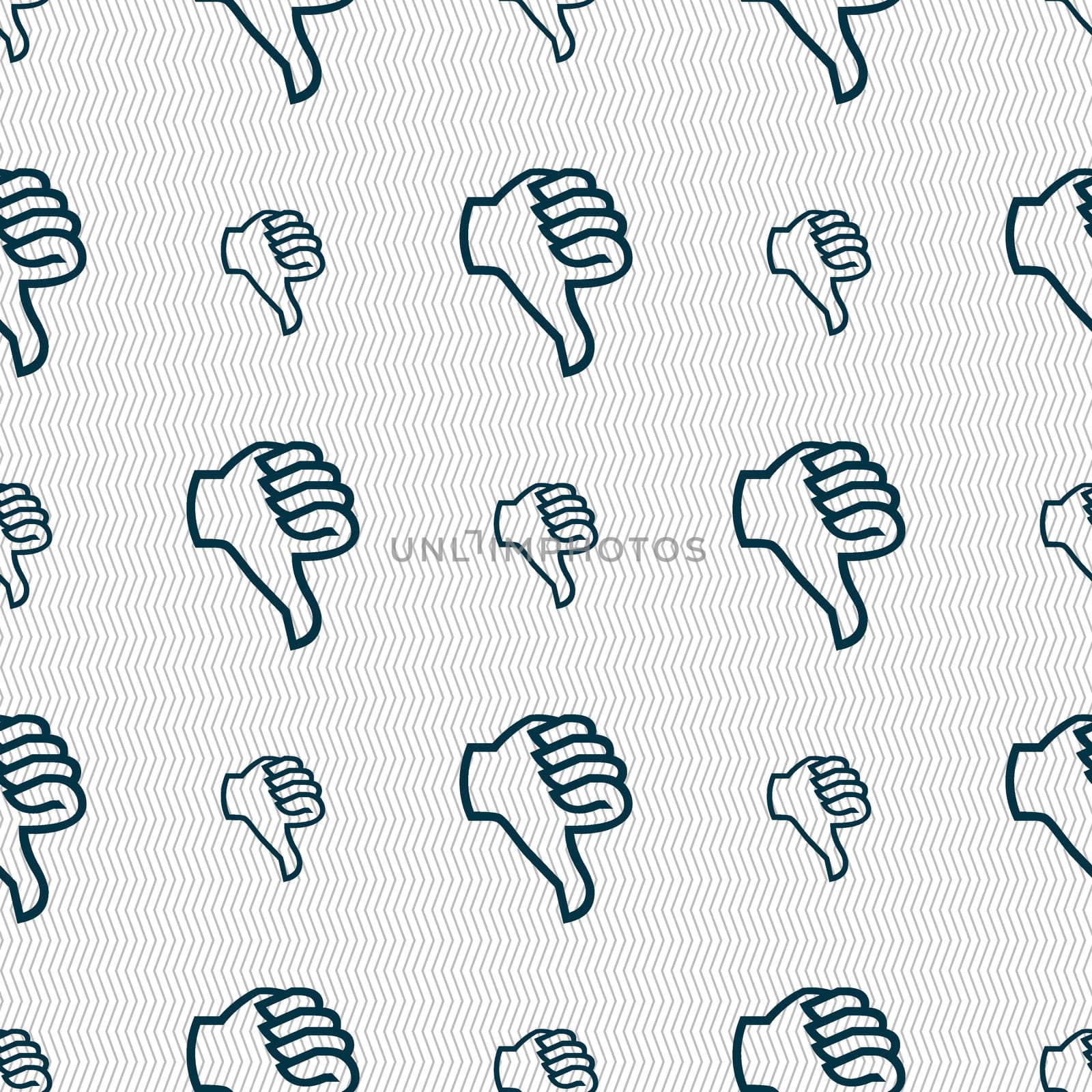 Dislike sign icon. Thumb down sign. Hand finger down symbol. Seamless abstract background with geometric shapes. illustration