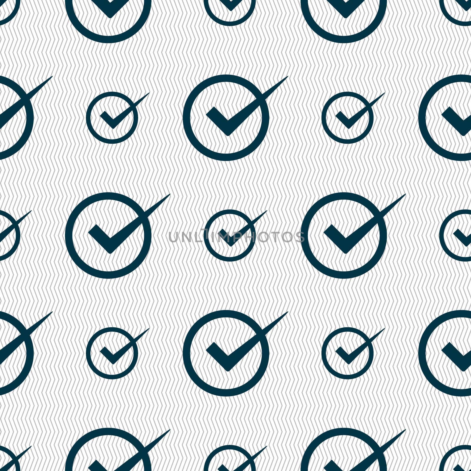 Check mark sign icon. Checkbox button. Seamless abstract background with geometric shapes. illustration