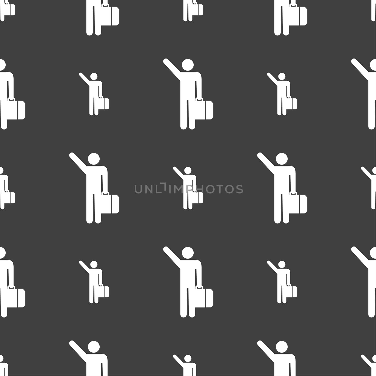 tourist icon sign. Seamless pattern on a gray background. illustration
