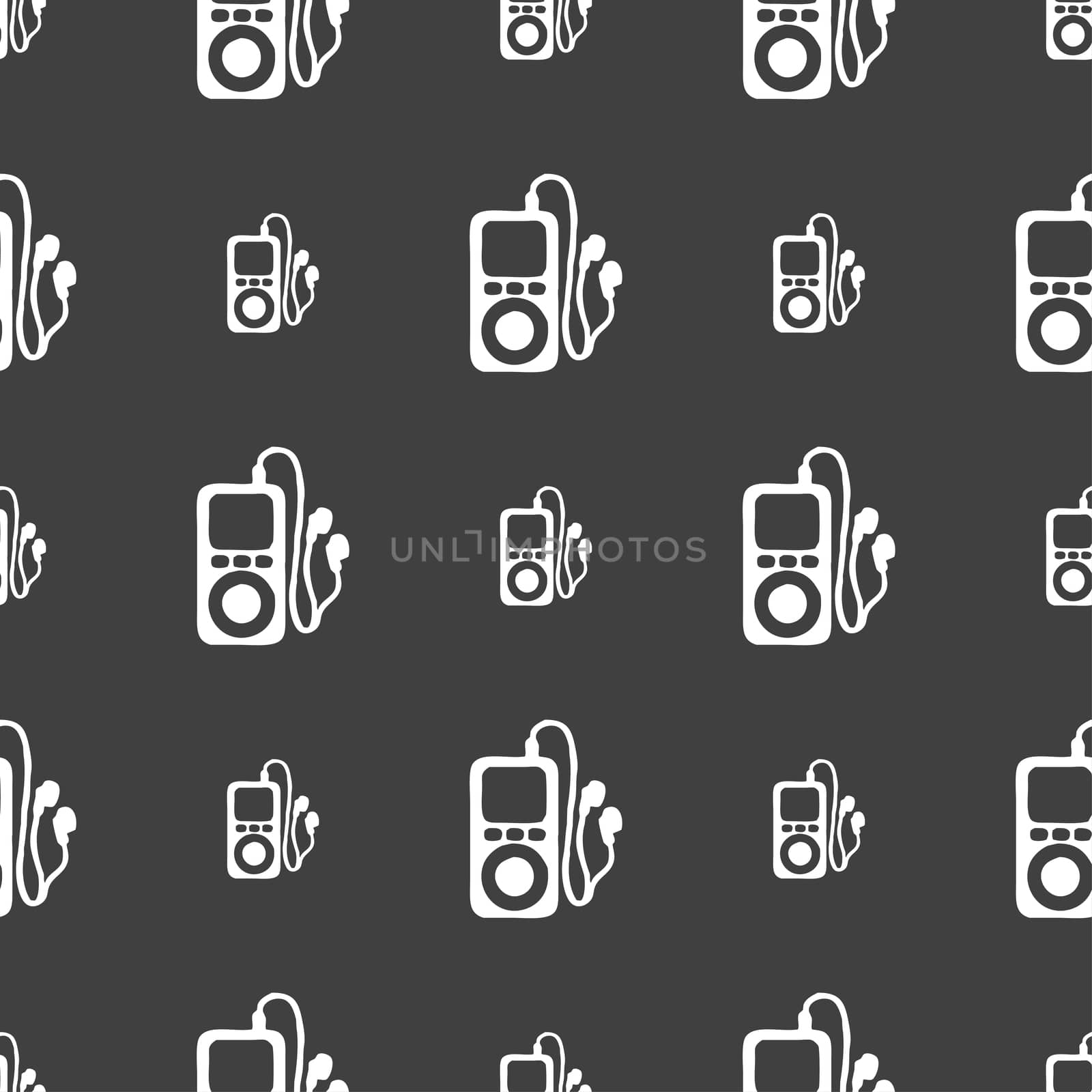 MP3 player, headphones, music icon sign. Seamless pattern on a gray background.  by serhii_lohvyniuk