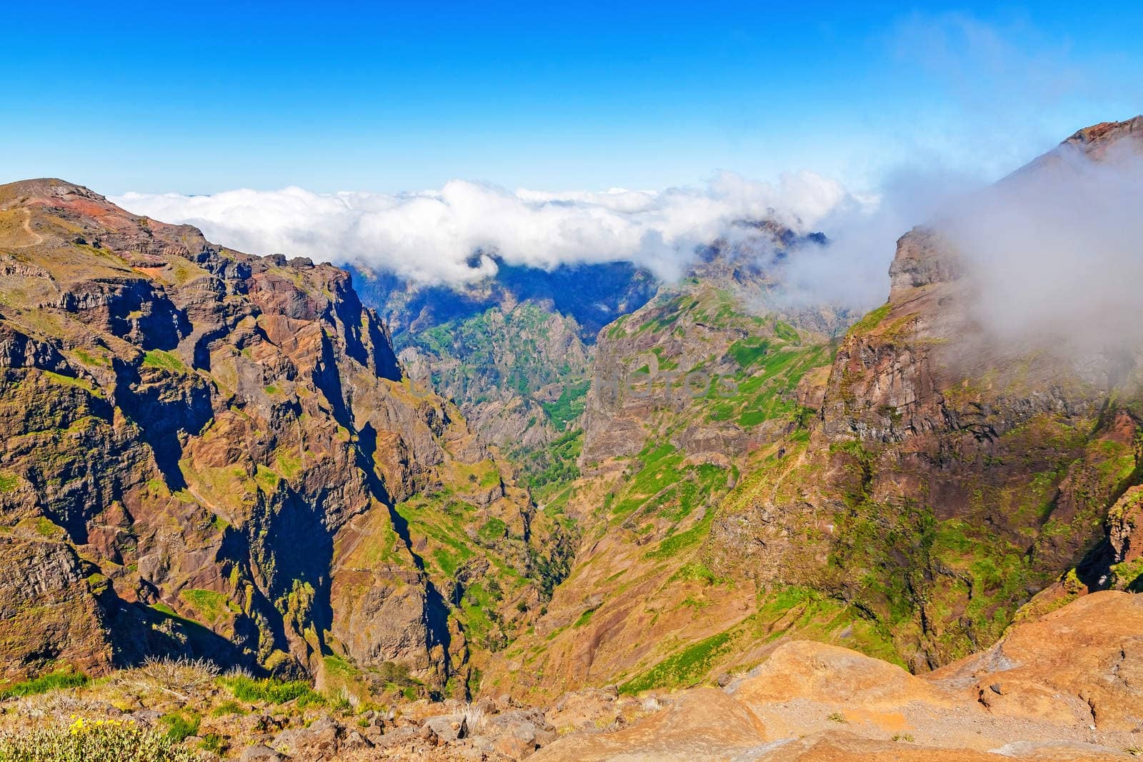 Colorful volcanic mountain landscape - hiking path from Pico do Arieiro to Pico Ruivo, Madeira, Portugal