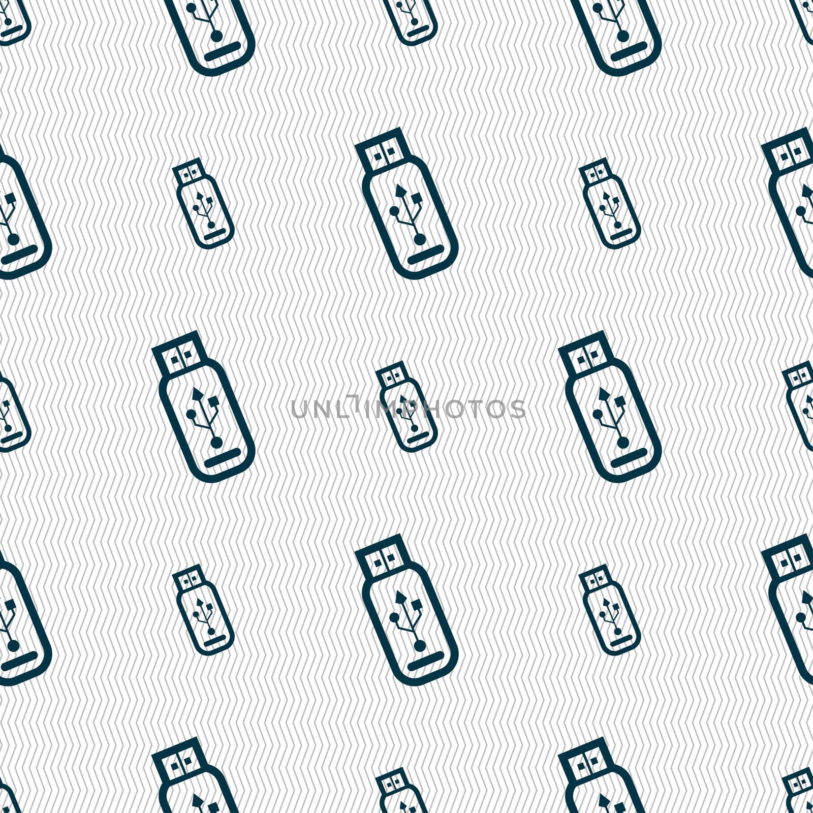 Usb flash drive icon sign. Seamless pattern with geometric texture. illustration
