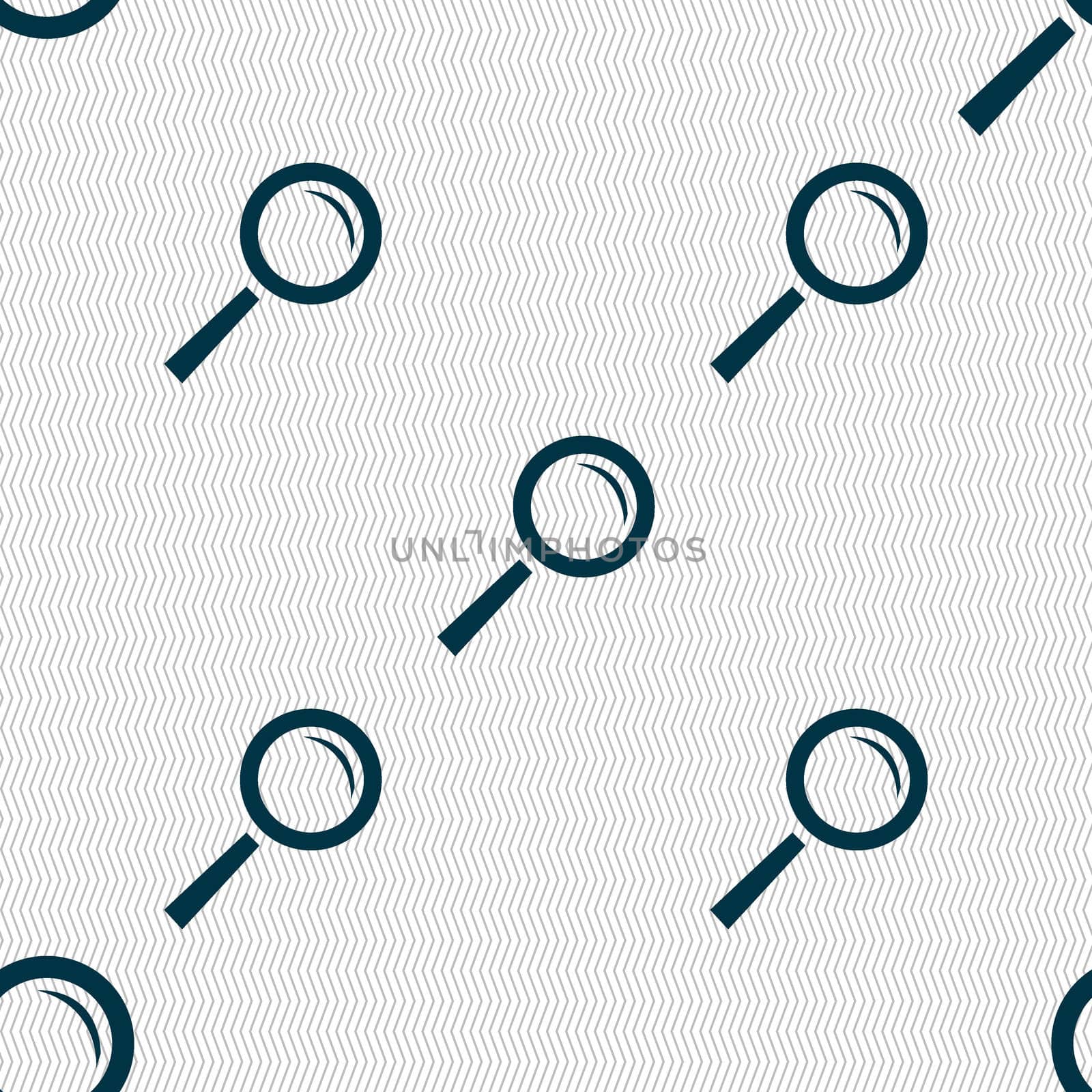 Magnifier glass sign icon. Zoom tool button. Navigation search symbol. Seamless abstract background with geometric shapes. illustration