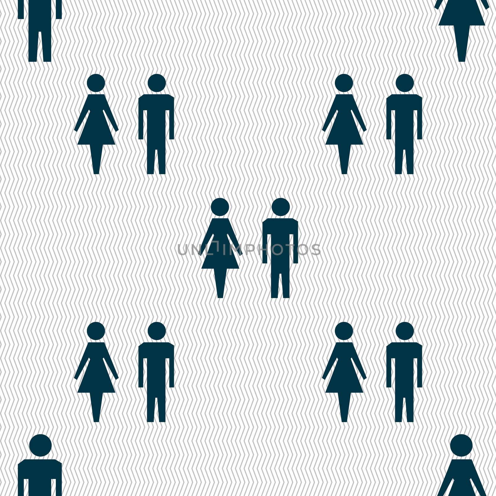 WC sign icon. Toilet symbol. Male and Female toilet. Seamless abstract background with geometric shapes.  by serhii_lohvyniuk