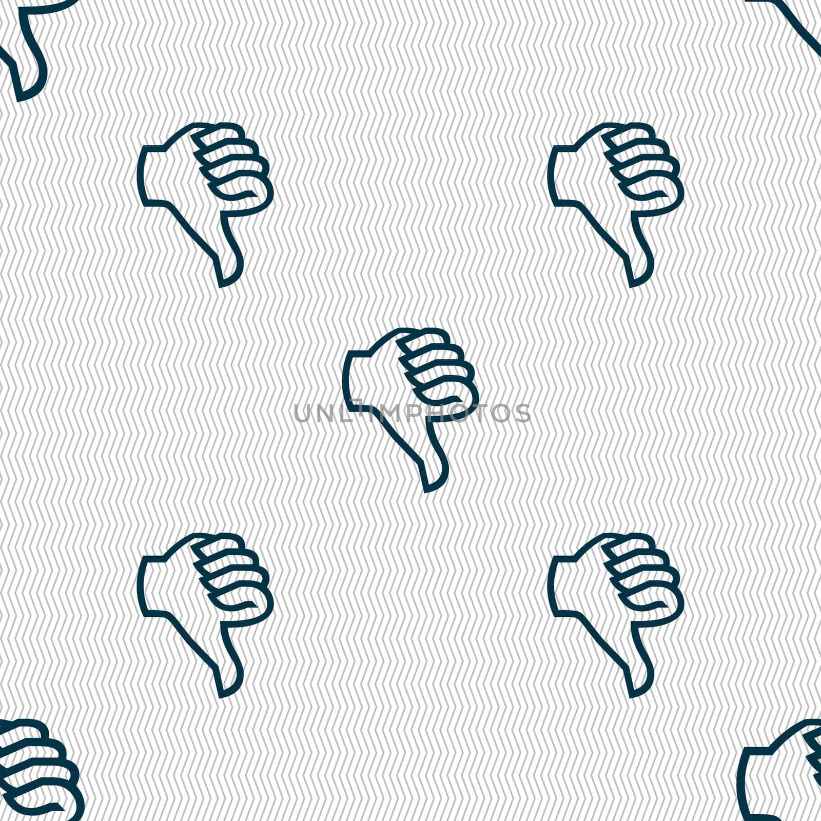 Dislike sign icon. Thumb down sign. Hand finger down symbol. Seamless abstract background with geometric shapes. illustration