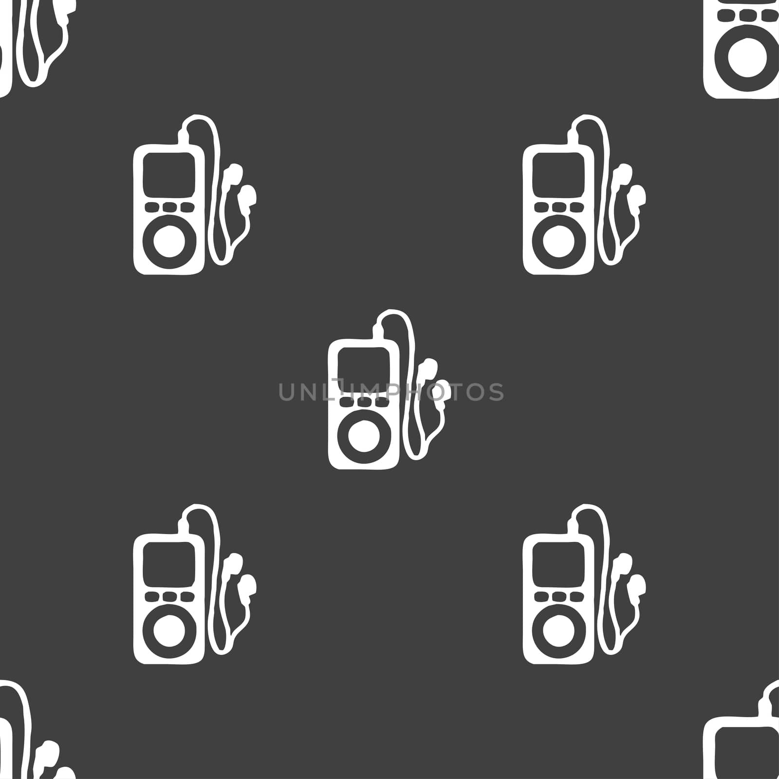 MP3 player, headphones, music icon sign. Seamless pattern on a gray background. illustration