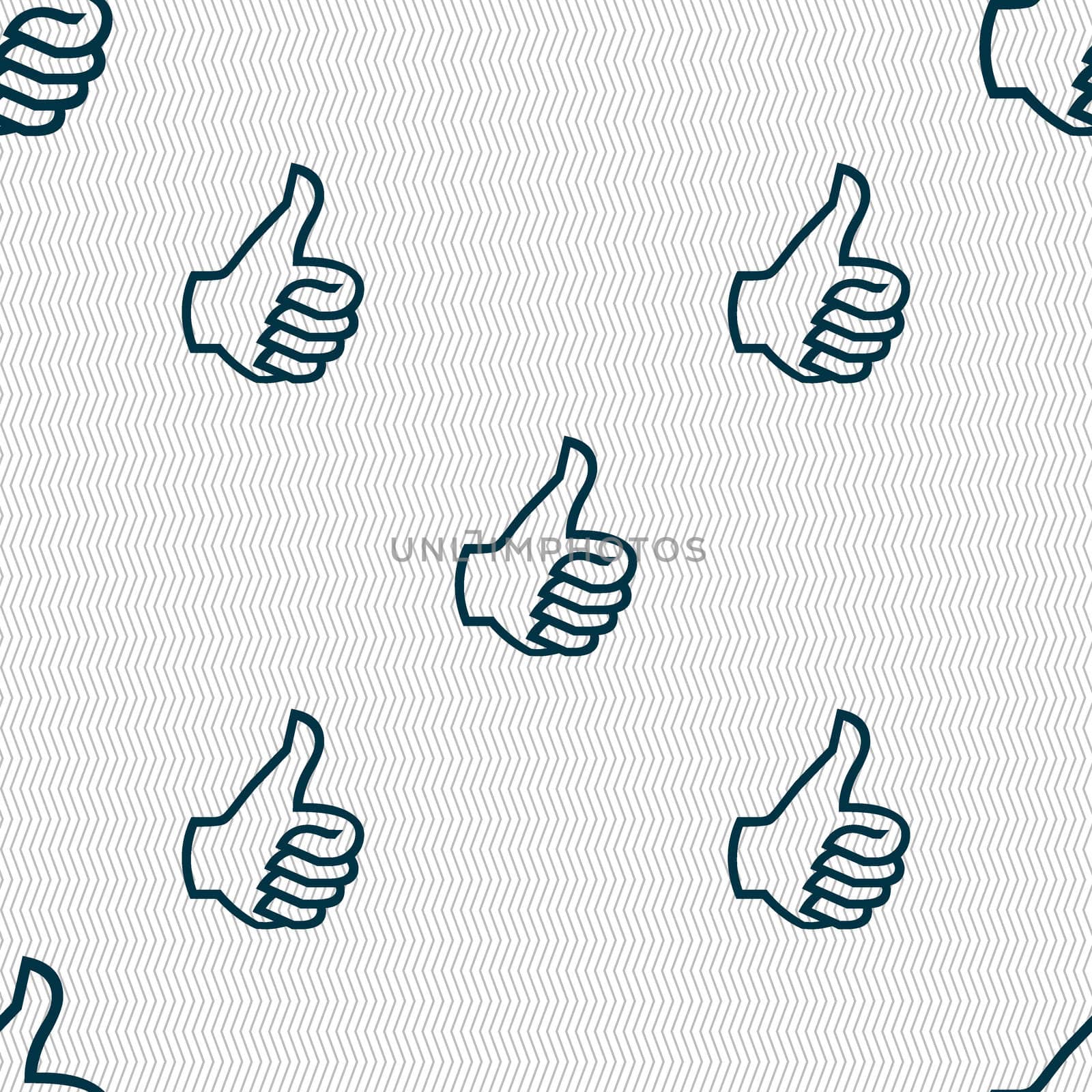 Like sign icon. Thumb up sign. Hand finger up. Seamless abstract background with geometric shapes. illustration