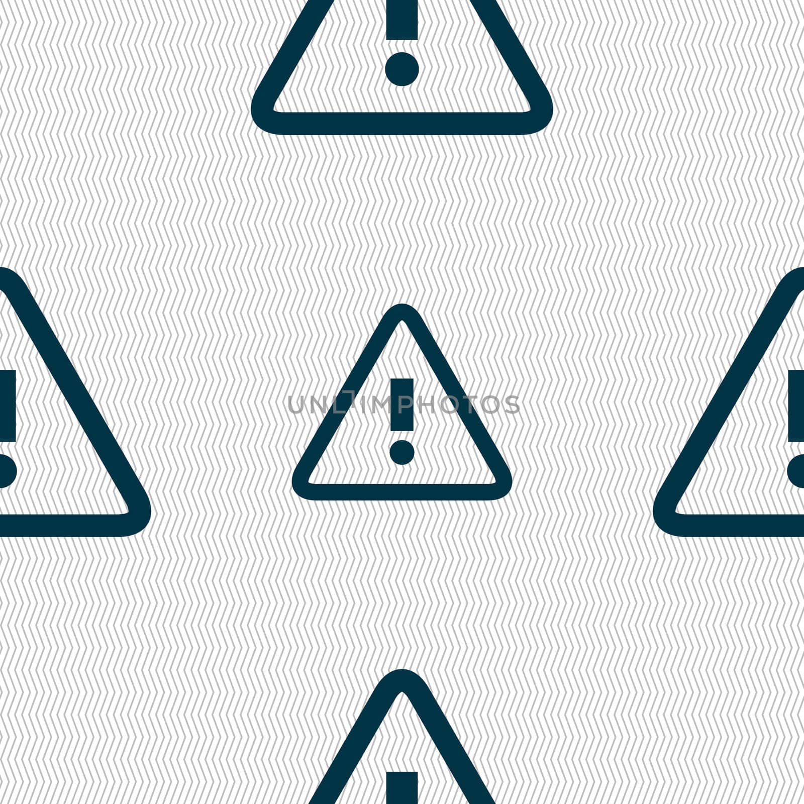 Attention caution sign icon. Exclamation mark. Hazard warning symbol. Seamless abstract background with geometric shapes. illustration