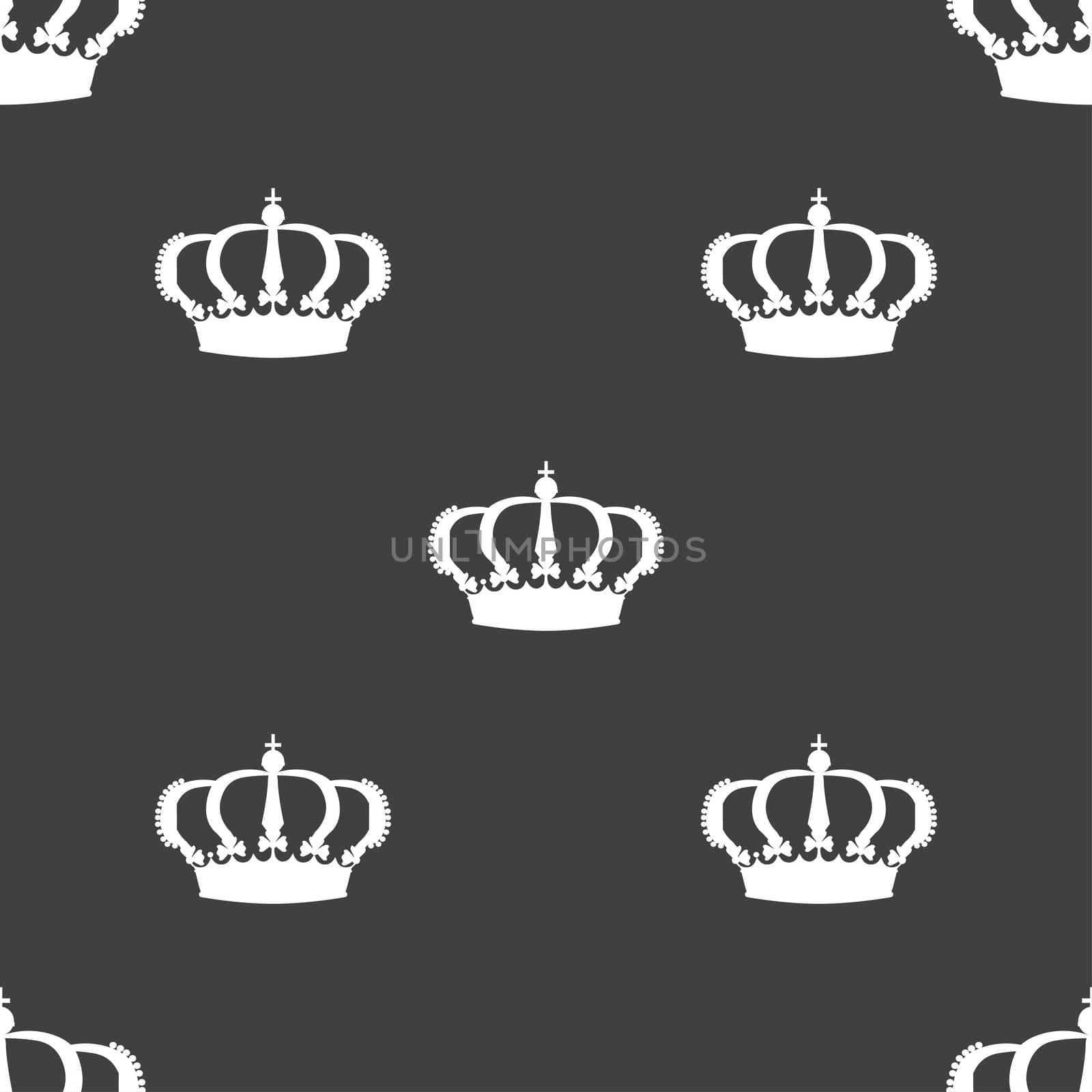 Crown icon sign. Seamless pattern on a gray background. illustration