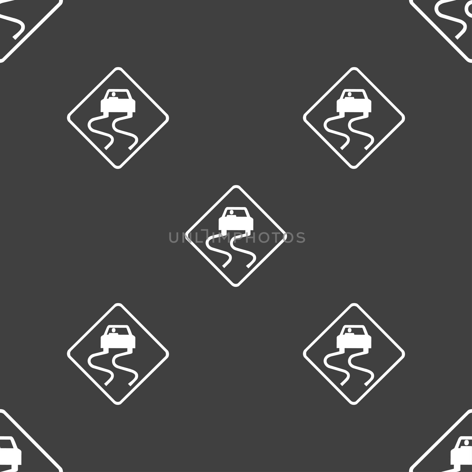 Road slippery icon sign. Seamless pattern on a gray background. illustration