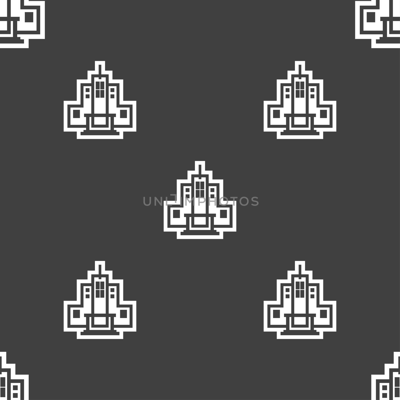 skyscraper icon sign. Seamless pattern on a gray background. illustration