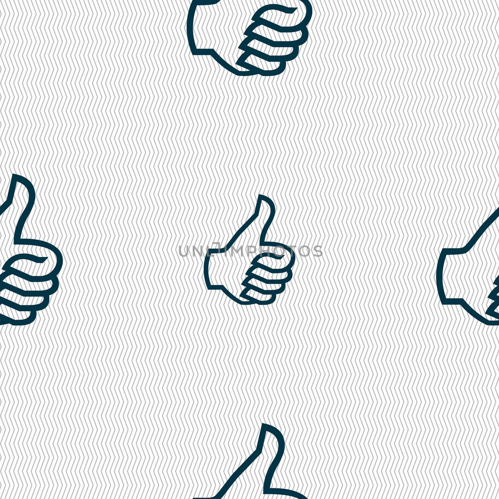 Like sign icon. Thumb up sign. Hand finger up. Seamless abstract background with geometric shapes. illustration