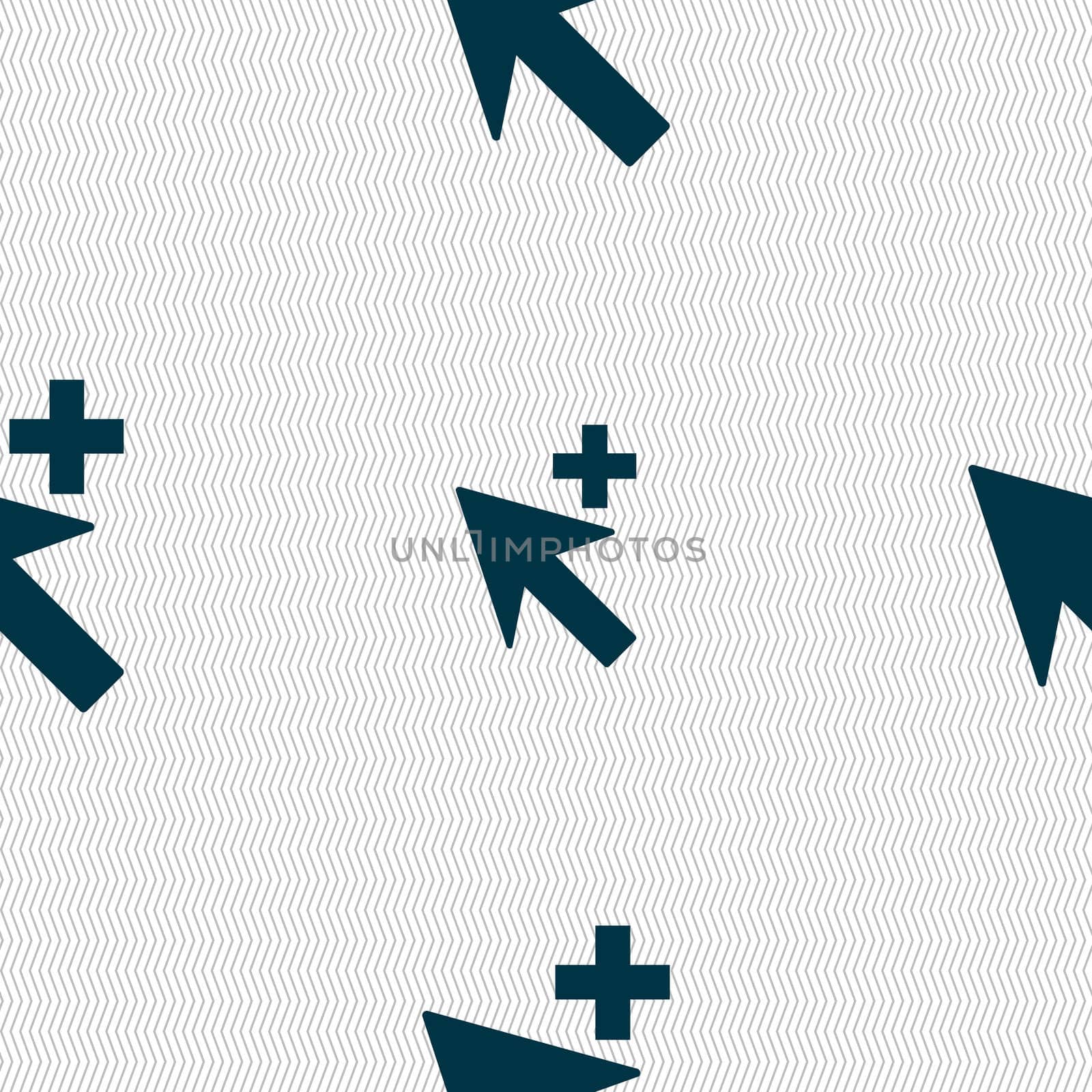 Cursor, arrow plus, add icon sign. Seamless abstract background with geometric shapes. illustration