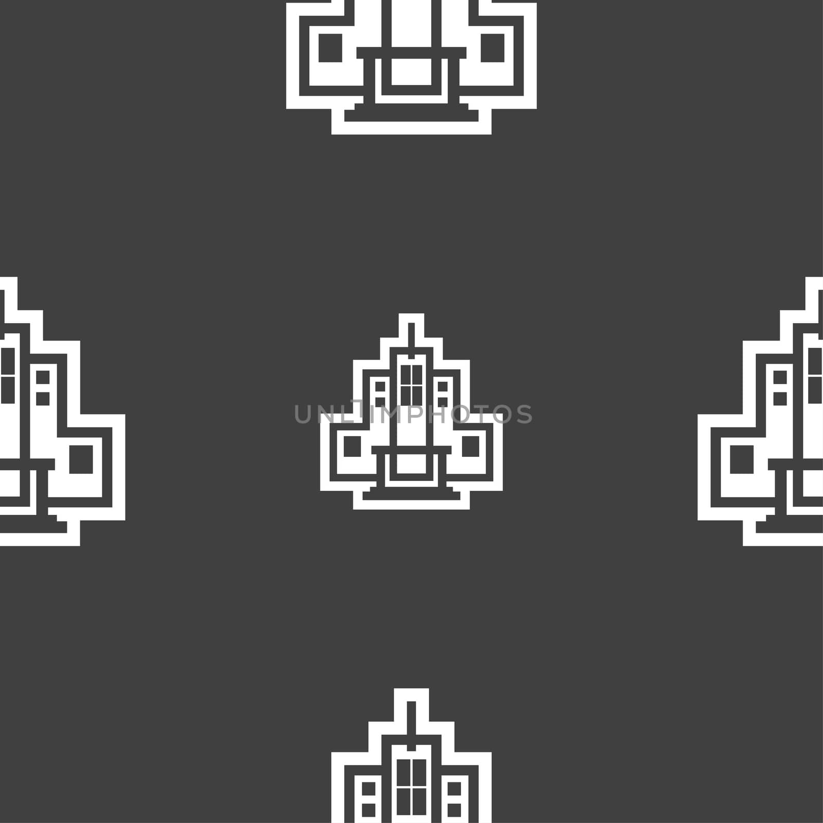 skyscraper icon sign. Seamless pattern on a gray background. illustration