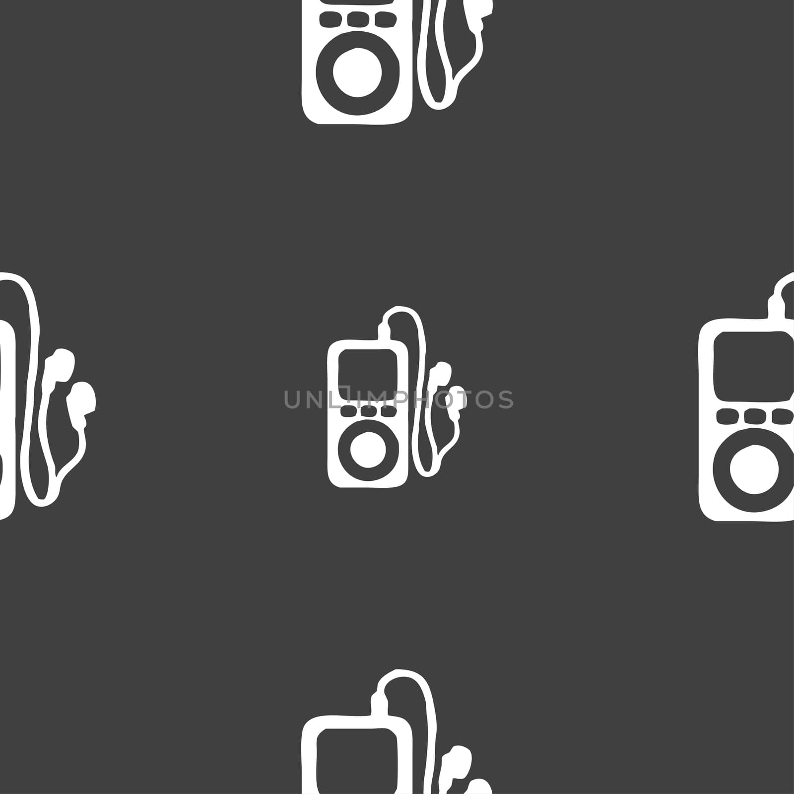 MP3 player, headphones, music icon sign. Seamless pattern on a gray background. illustration