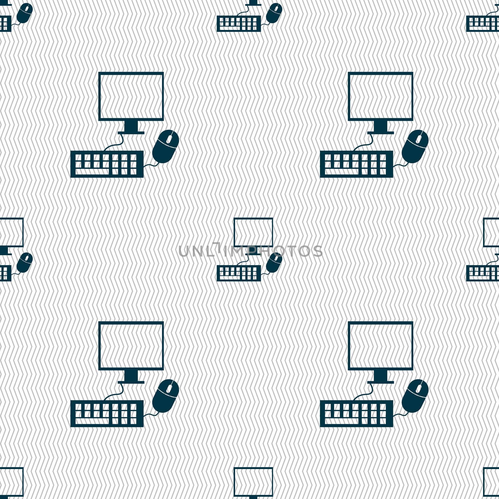 Computer widescreen monitor, keyboard, mouse sign icon. Seamless abstract background with geometric shapes. illustration