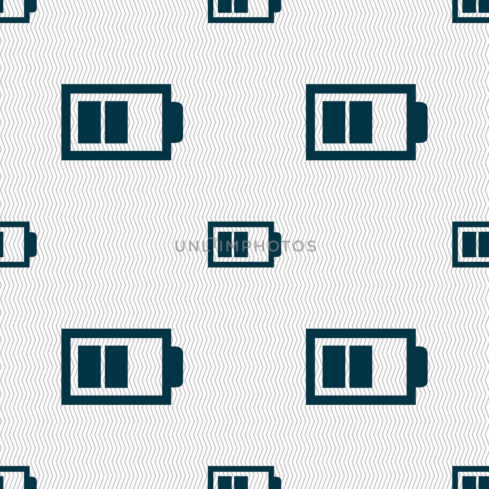 Battery half level sign icon. Low electricity symbol. Seamless abstract background with geometric shapes. illustration