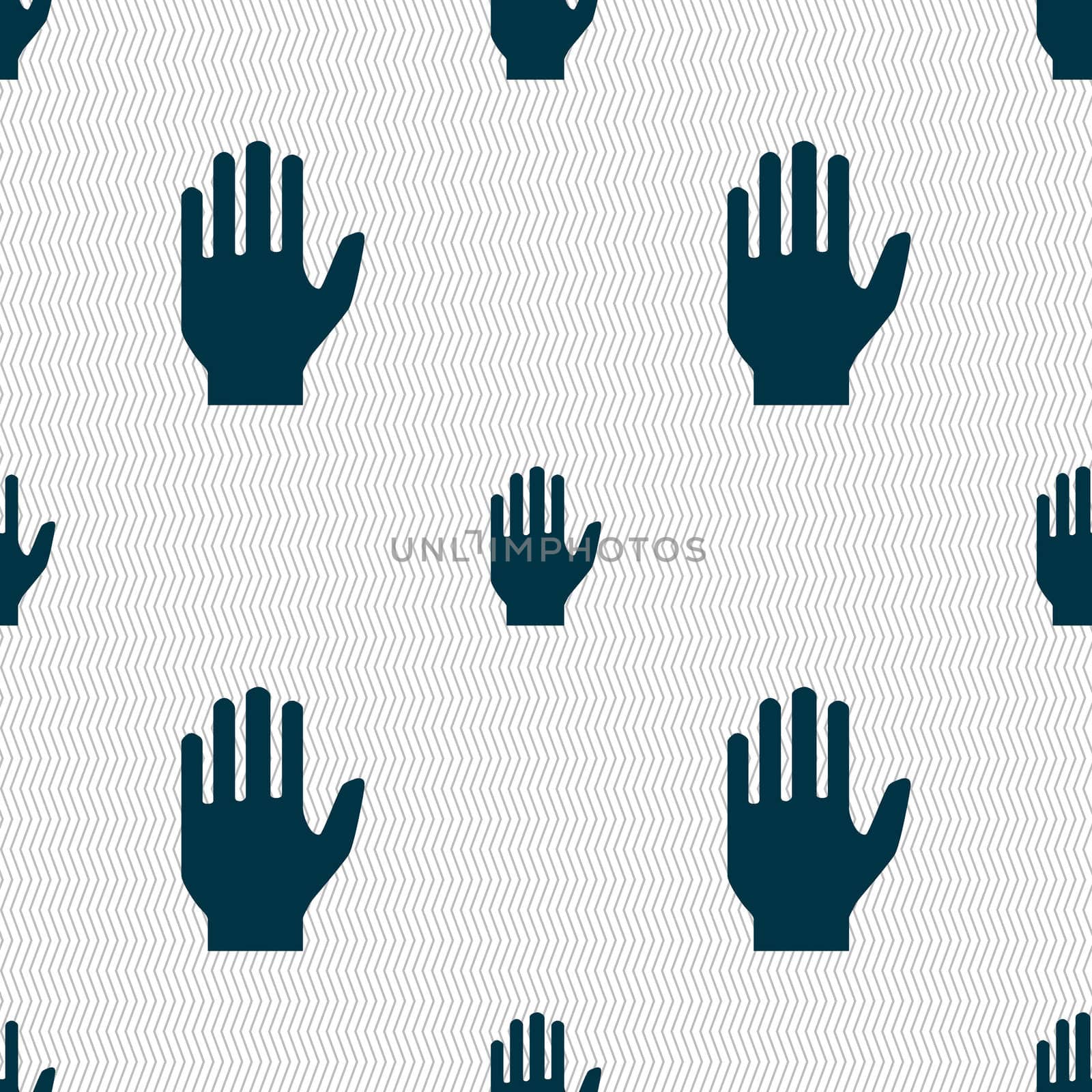 Hand print sign icon. Stop symbol. Seamless abstract background with geometric shapes. illustration