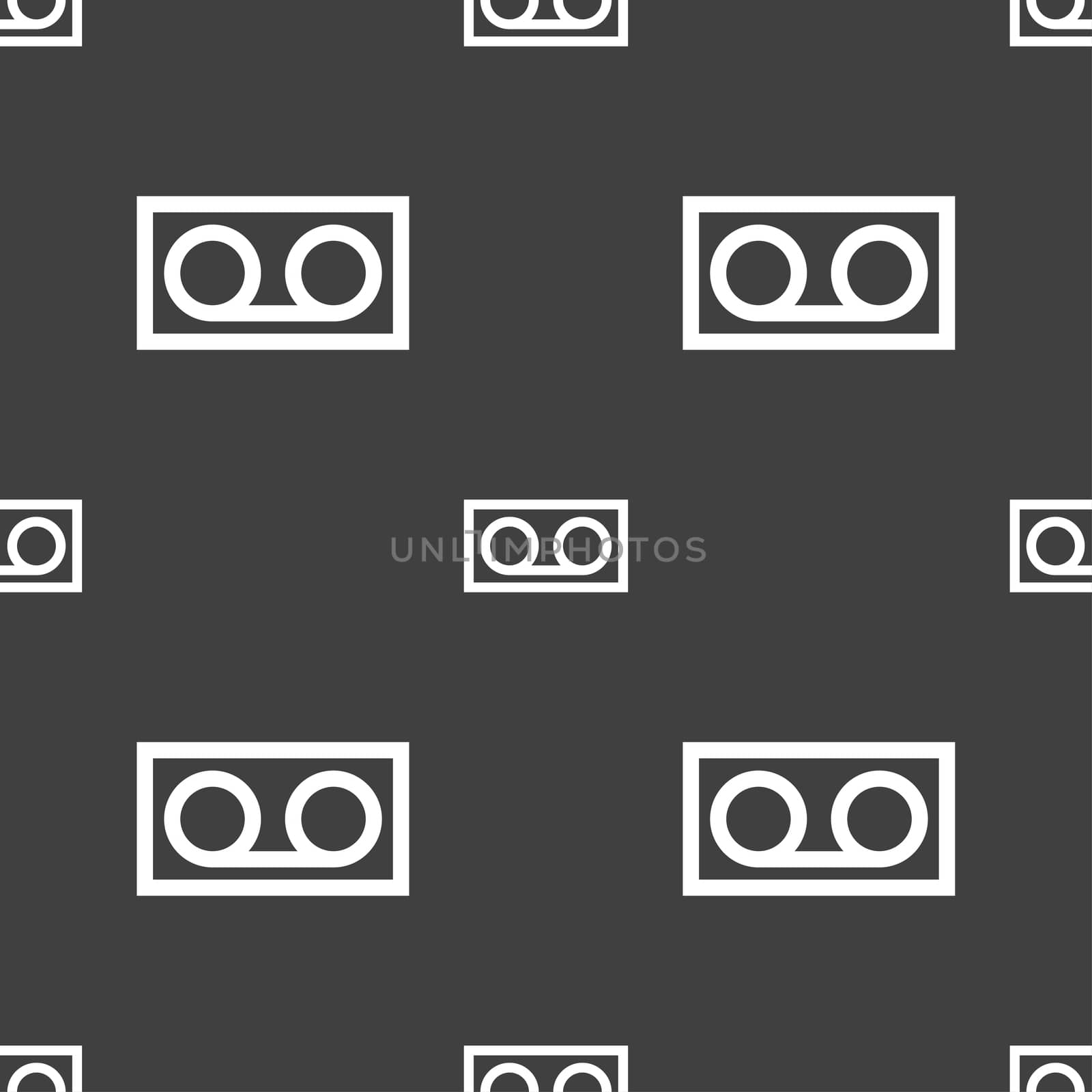 audio cassette icon sign. Seamless pattern on a gray background. illustration