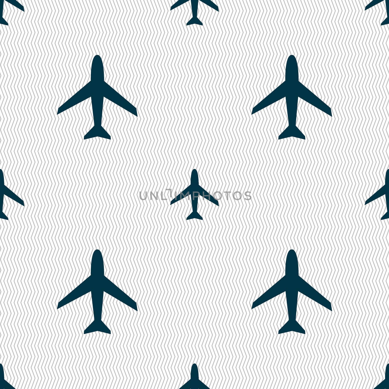 Airplane sign. Plane symbol. Travel icon. Flight flat label. Seamless abstract background with geometric shapes. illustration