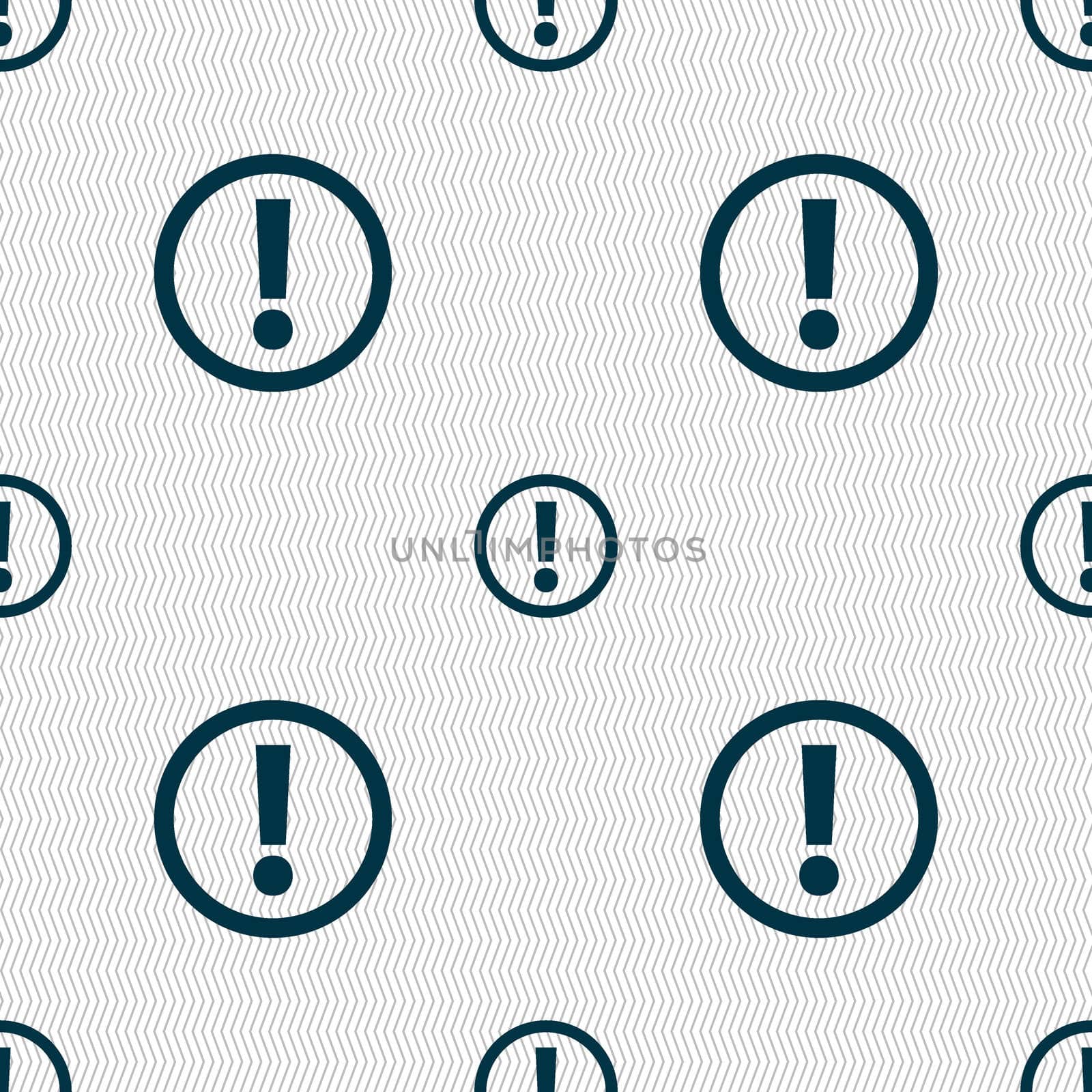 Attention sign icon. Exclamation mark. Hazard warning symbol. Seamless abstract background with geometric shapes. illustration