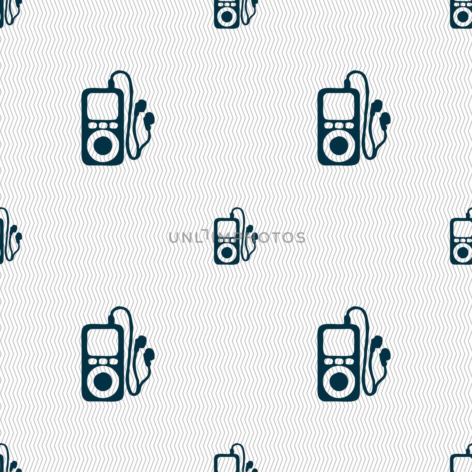 MP3 player, headphones, music icon sign. Seamless pattern with geometric texture. illustration