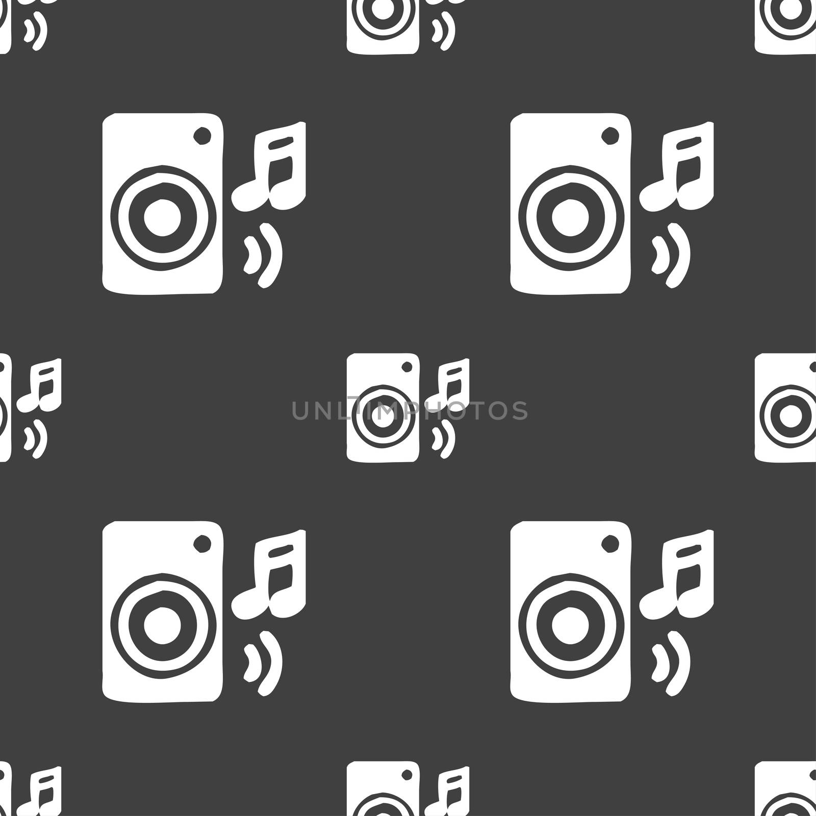 music column, disco, music, melody, speaker icon sign. Seamless pattern on a gray background. illustration
