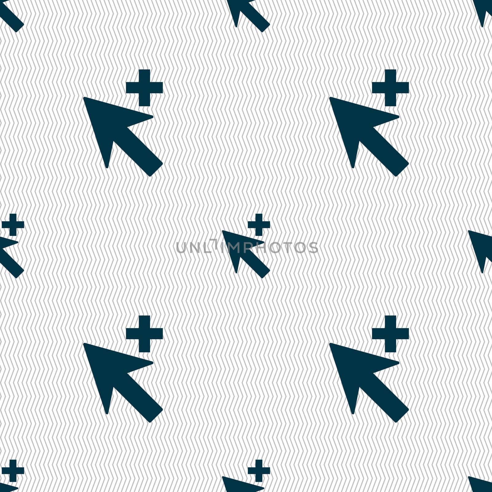 Cursor, arrow plus, add icon sign. Seamless abstract background with geometric shapes. illustration