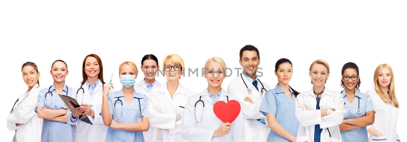 smiling doctors and nurses with red heart by dolgachov