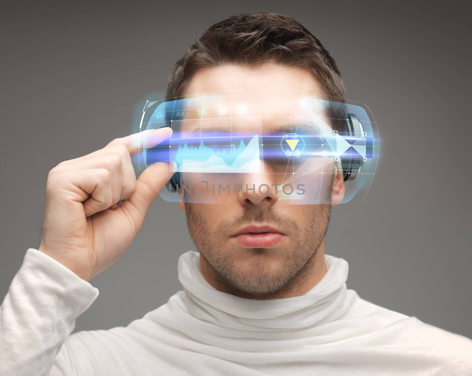 future, technology and people concept - man in futuristic glasses